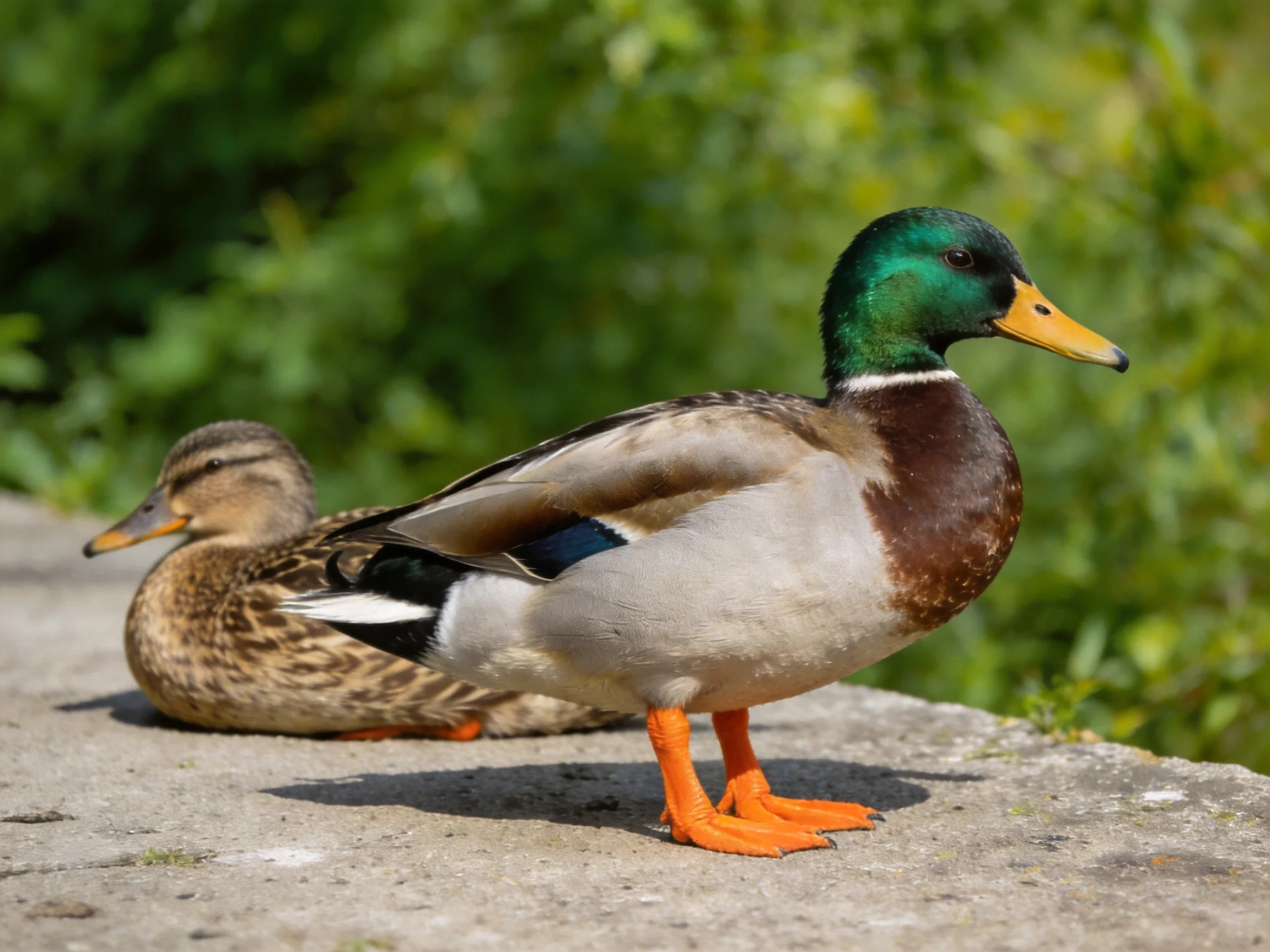 A male mallard with green head and orange feet stands next to a female duck on a concrete ledge with 