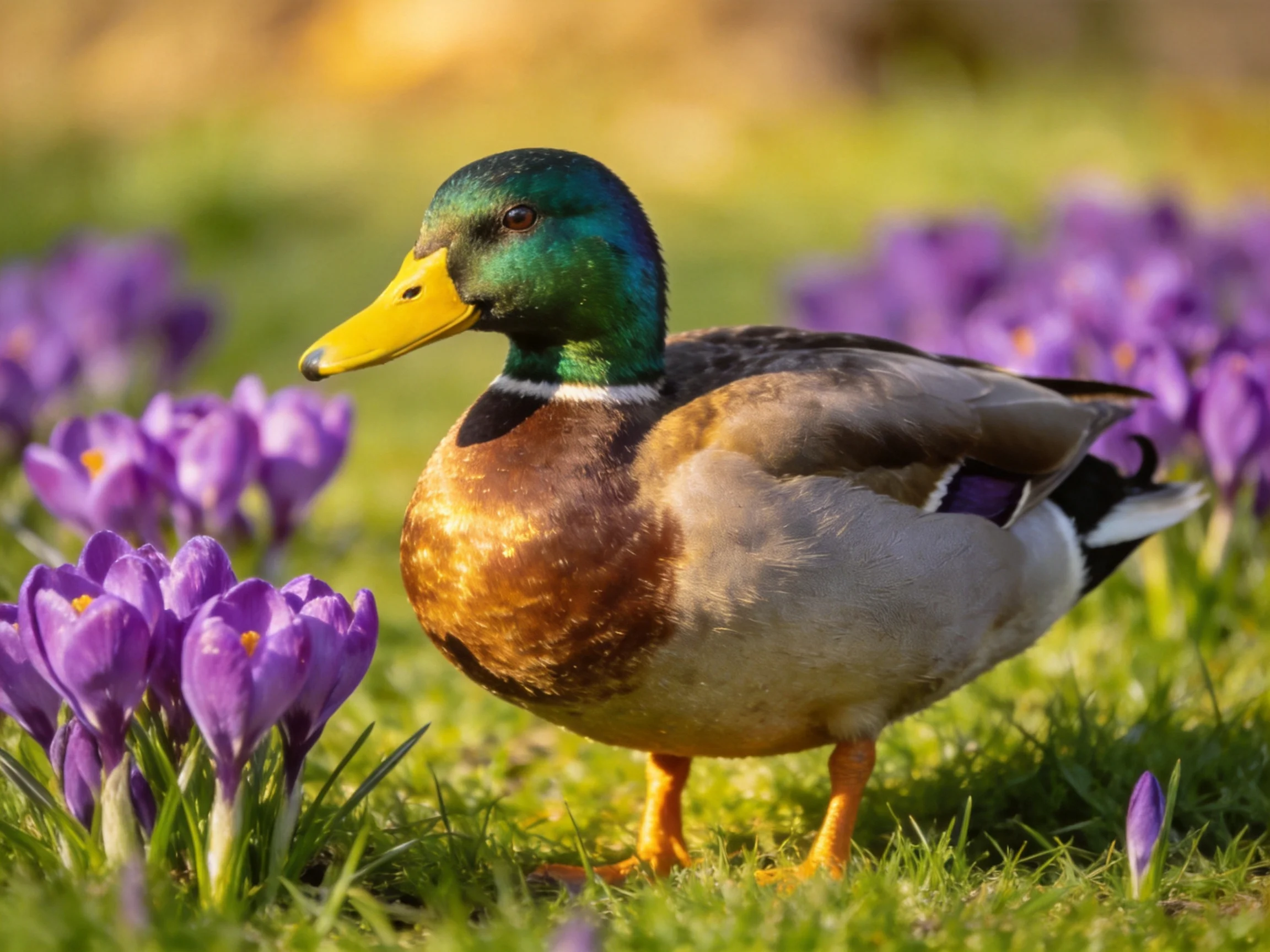A mallard duck among vibrant purple crocus flowers on green grass