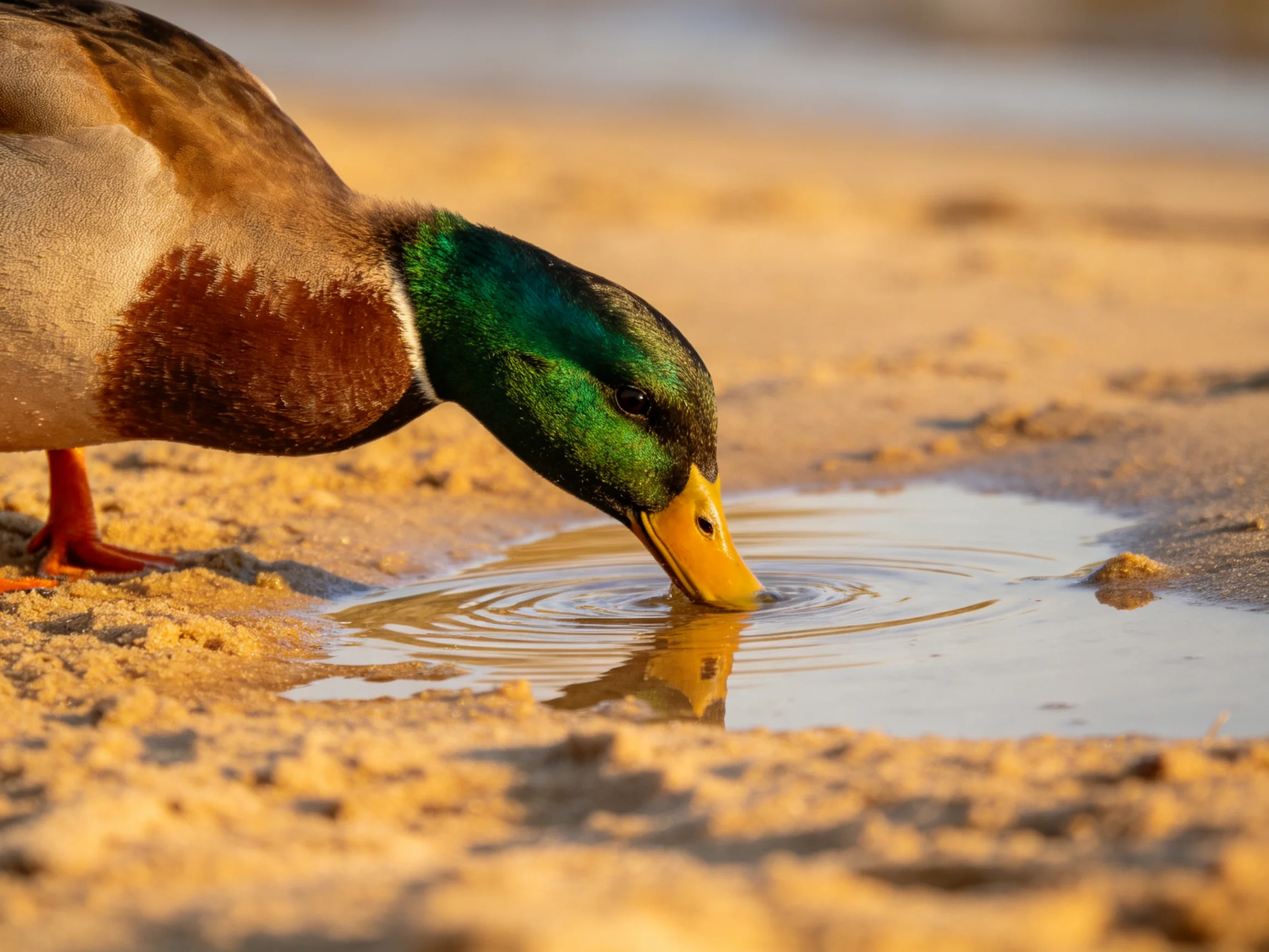 A mallard duck drinks from a small puddle on golden sandy terrain