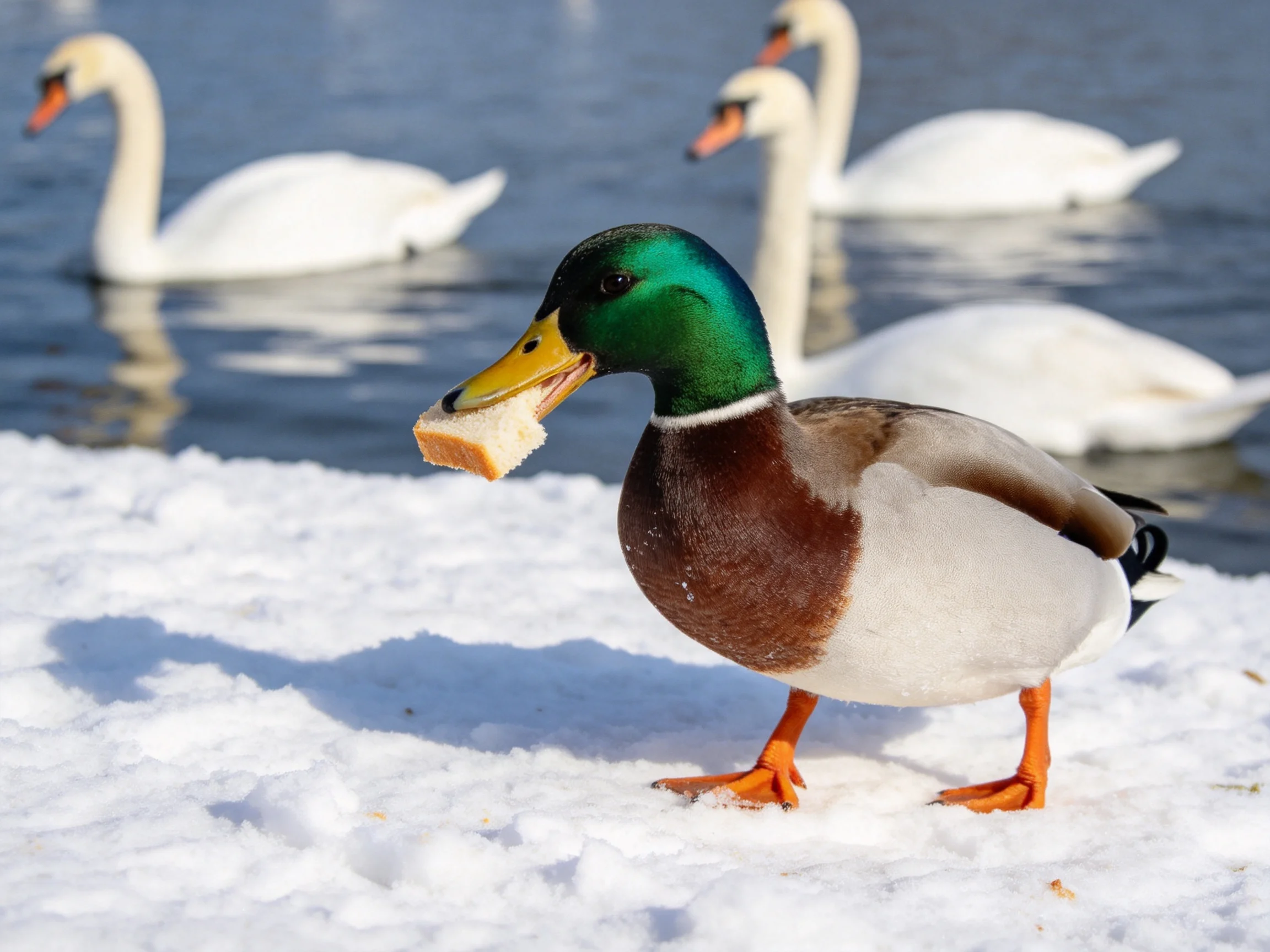 A mallard duck eats bread on snowy ground with swans in the water