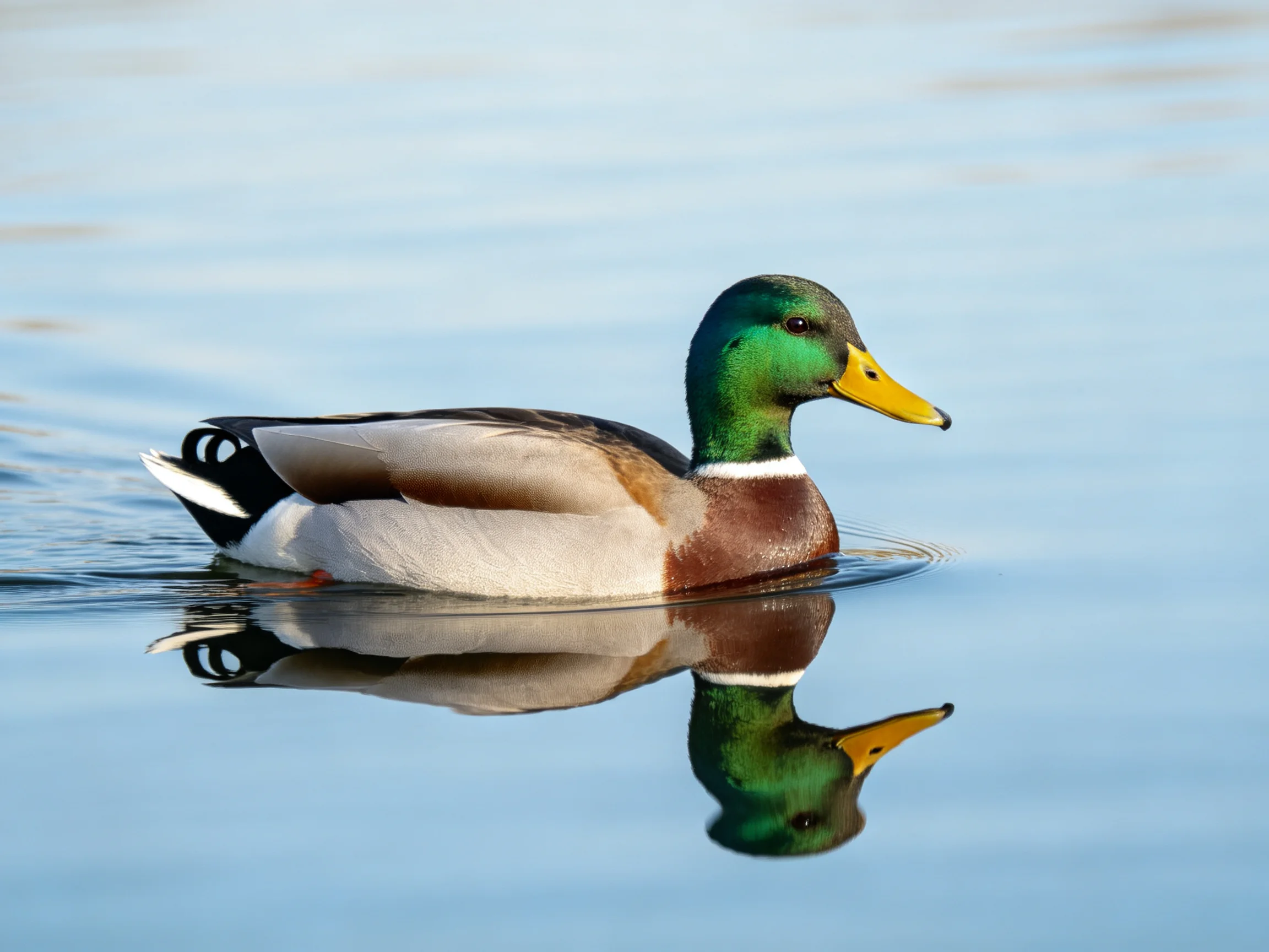 A mallard duck glides on calm blue water with green head and yellow beak