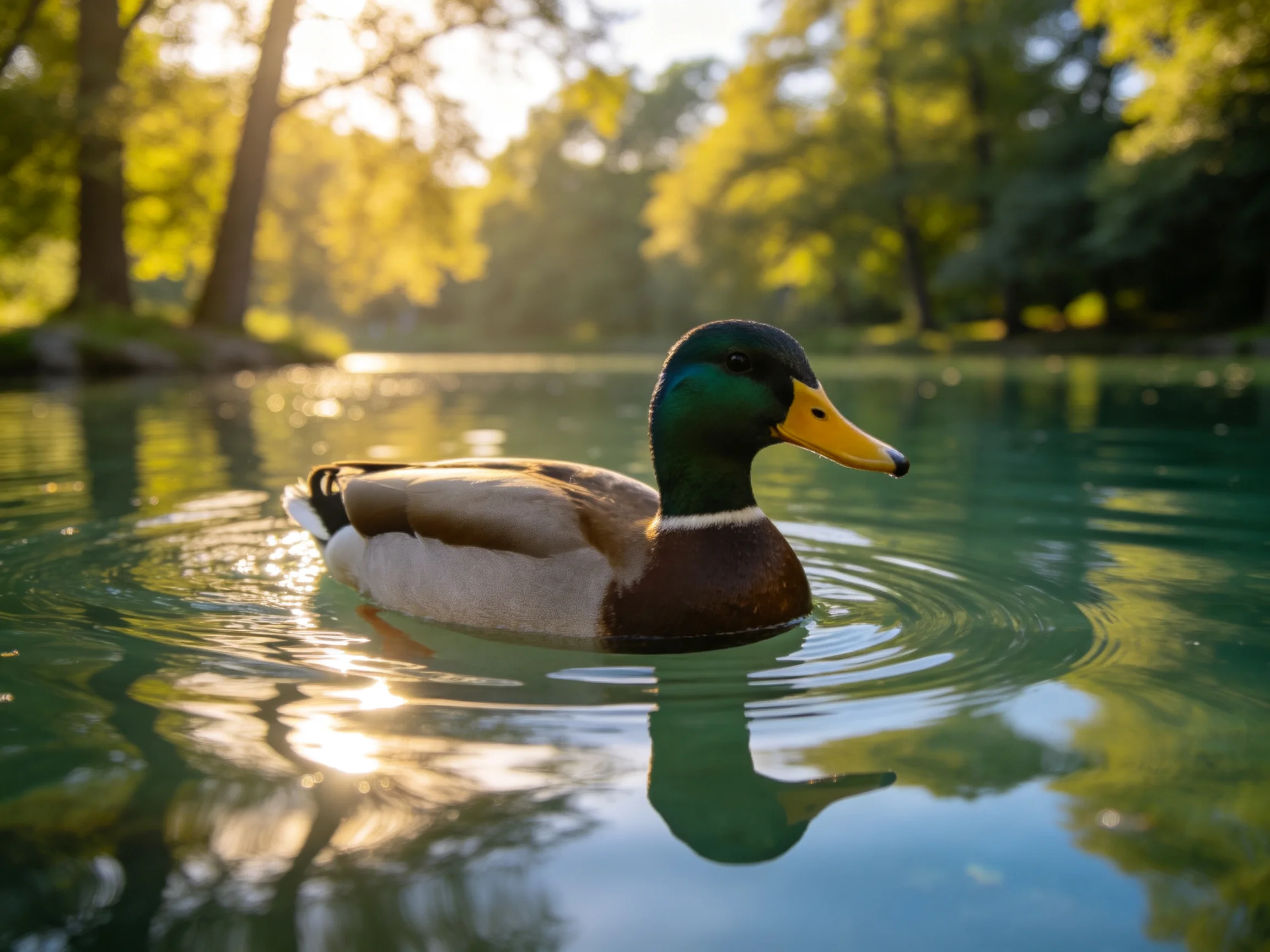 A mallard duck glides on calm turquoise water amid sunlit greenery