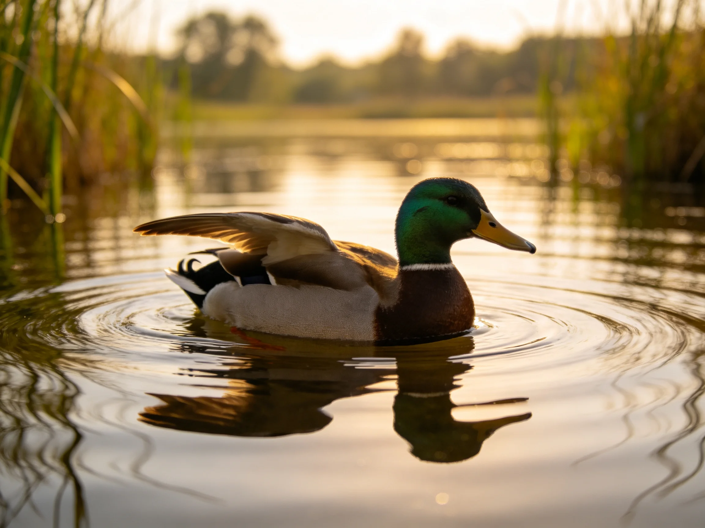 A mallard duck glides through calm waters near tall green reeds under golden light