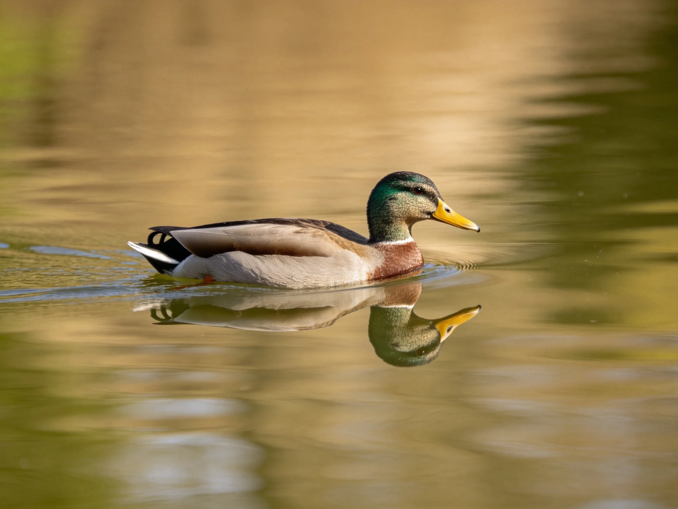 A mallard duck gliding across golden-hued calm water with clear reflection