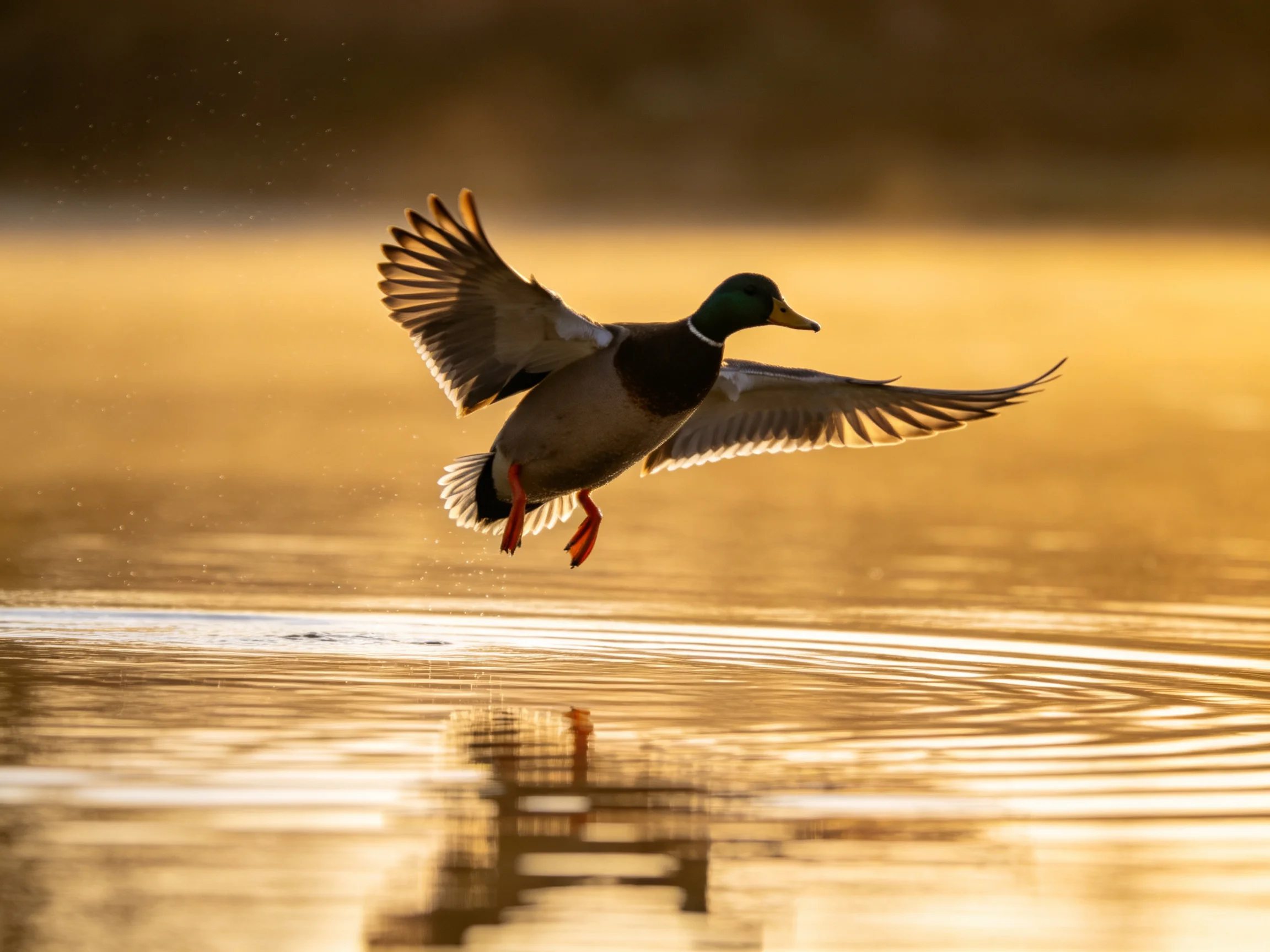A mallard duck gliding low over rippling water at golden hour