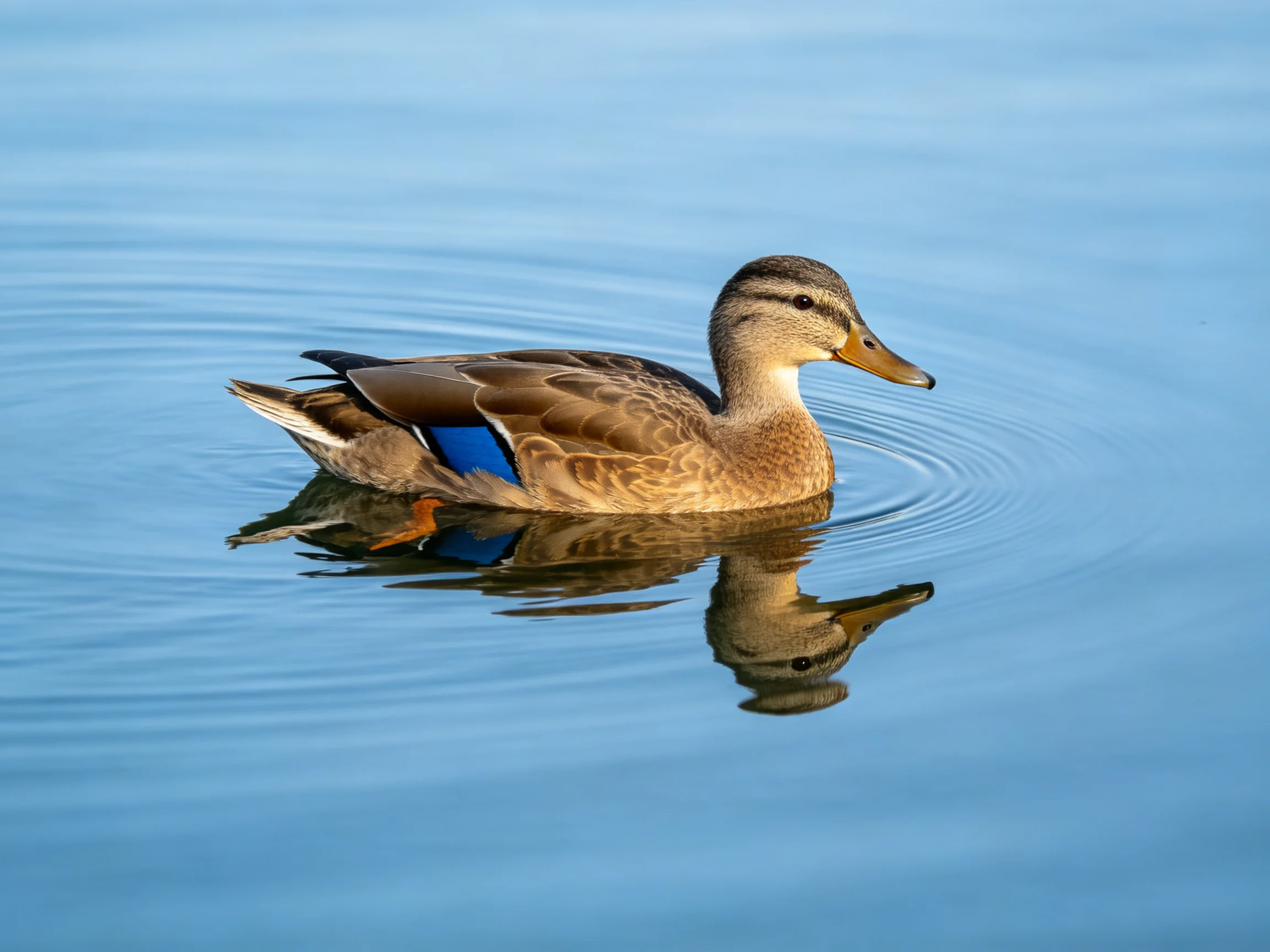 A mallard duck gliding on calm blue water with ripples