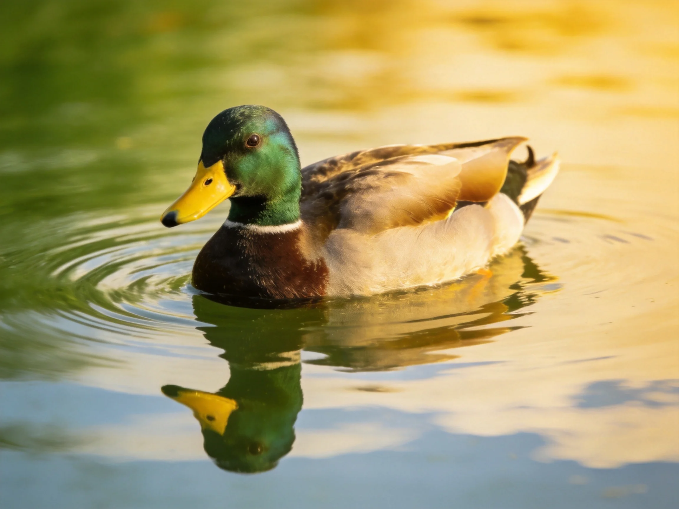 A mallard duck gliding on calm, reflective water with greenhead and brown chest