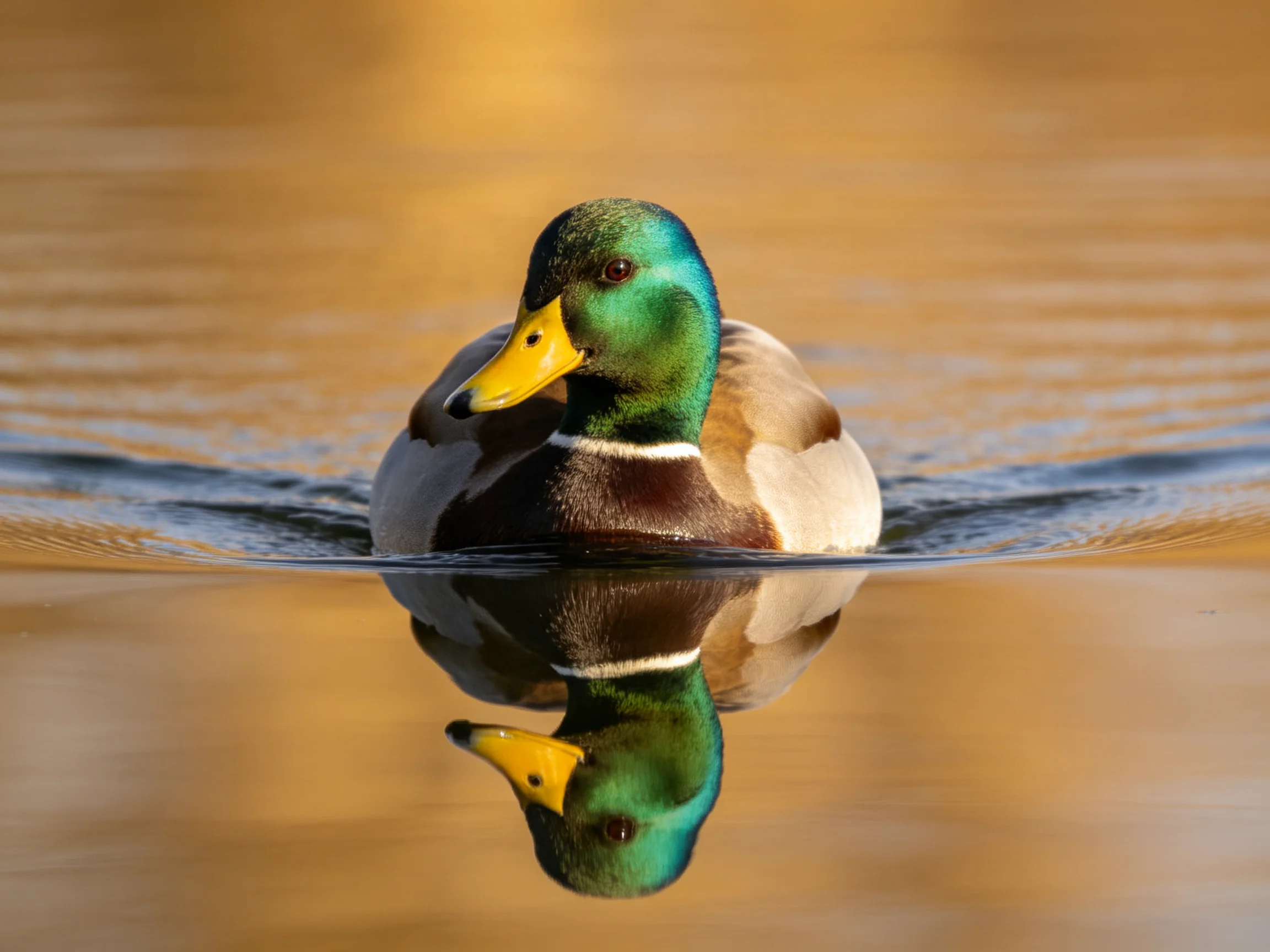 A mallard duck gliding on calm water with golden reflections