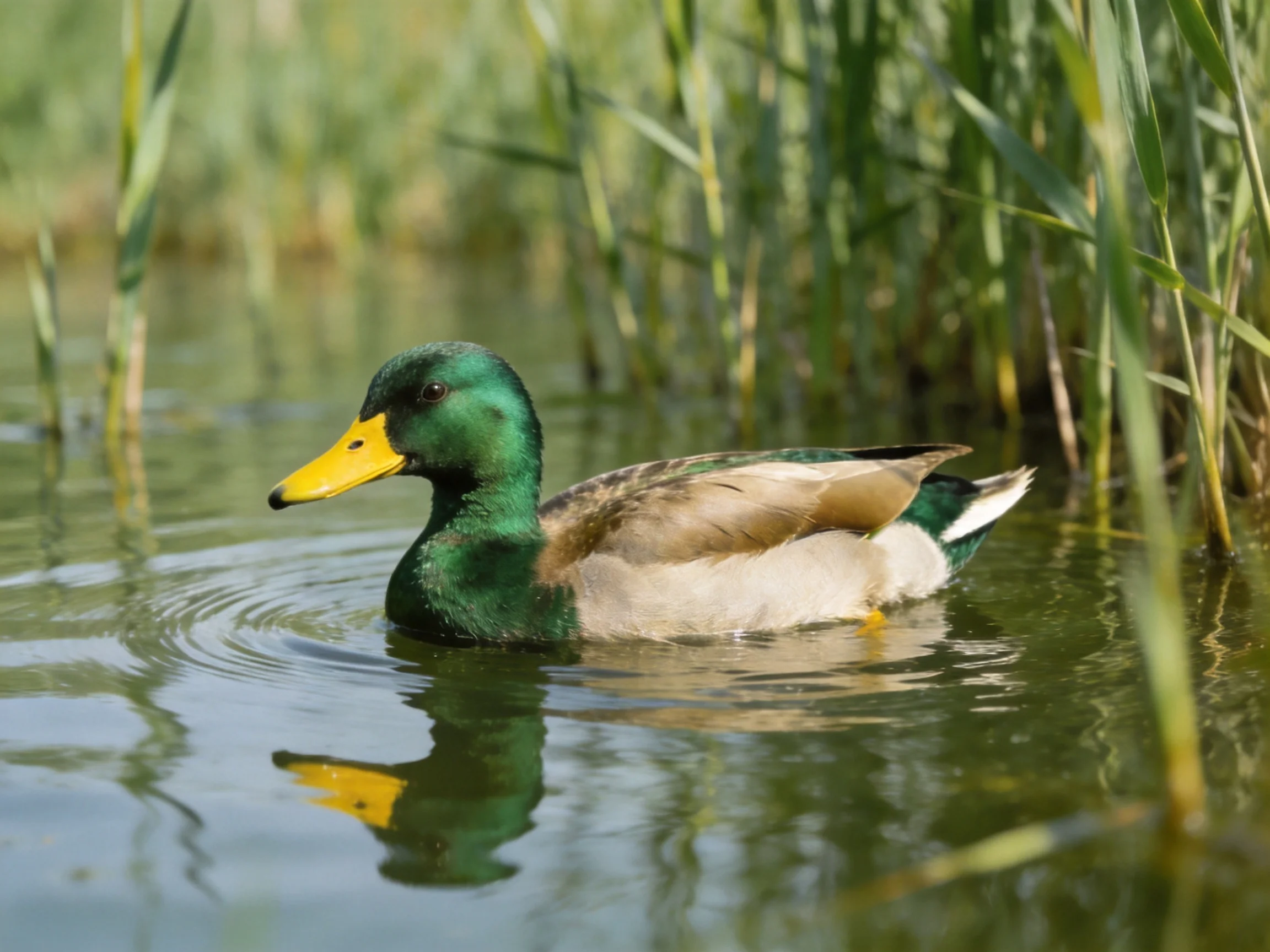 A mallard duck gliding through calm waters near tall green reeds