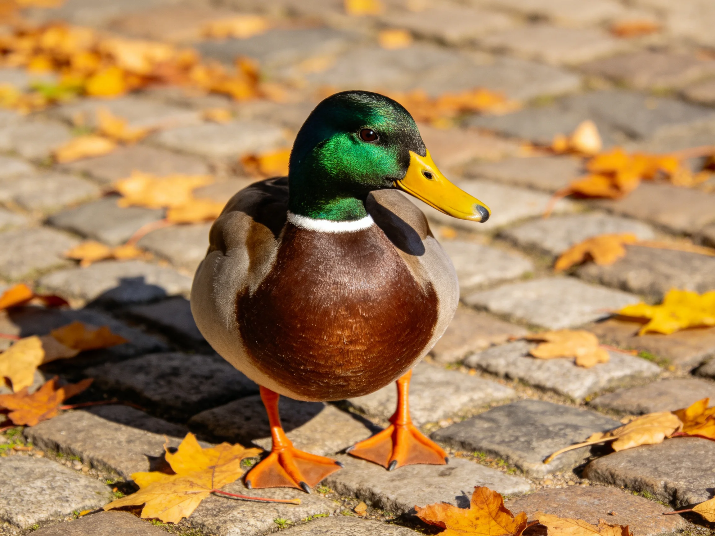 A mallard duck on a cobblestone path with autumn leaves