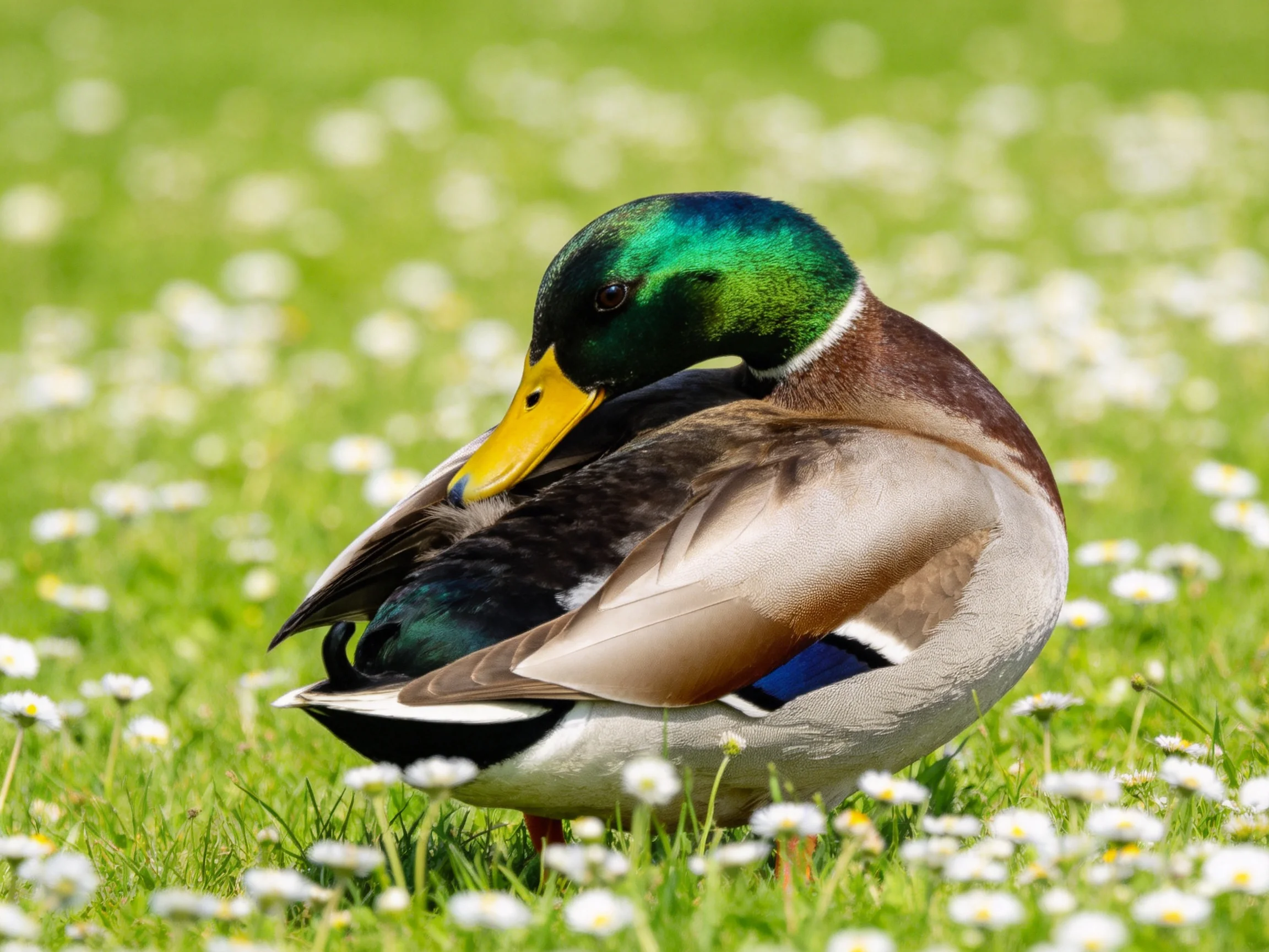 A mallard duck preening amid scattered white flowers in a lush green meadow