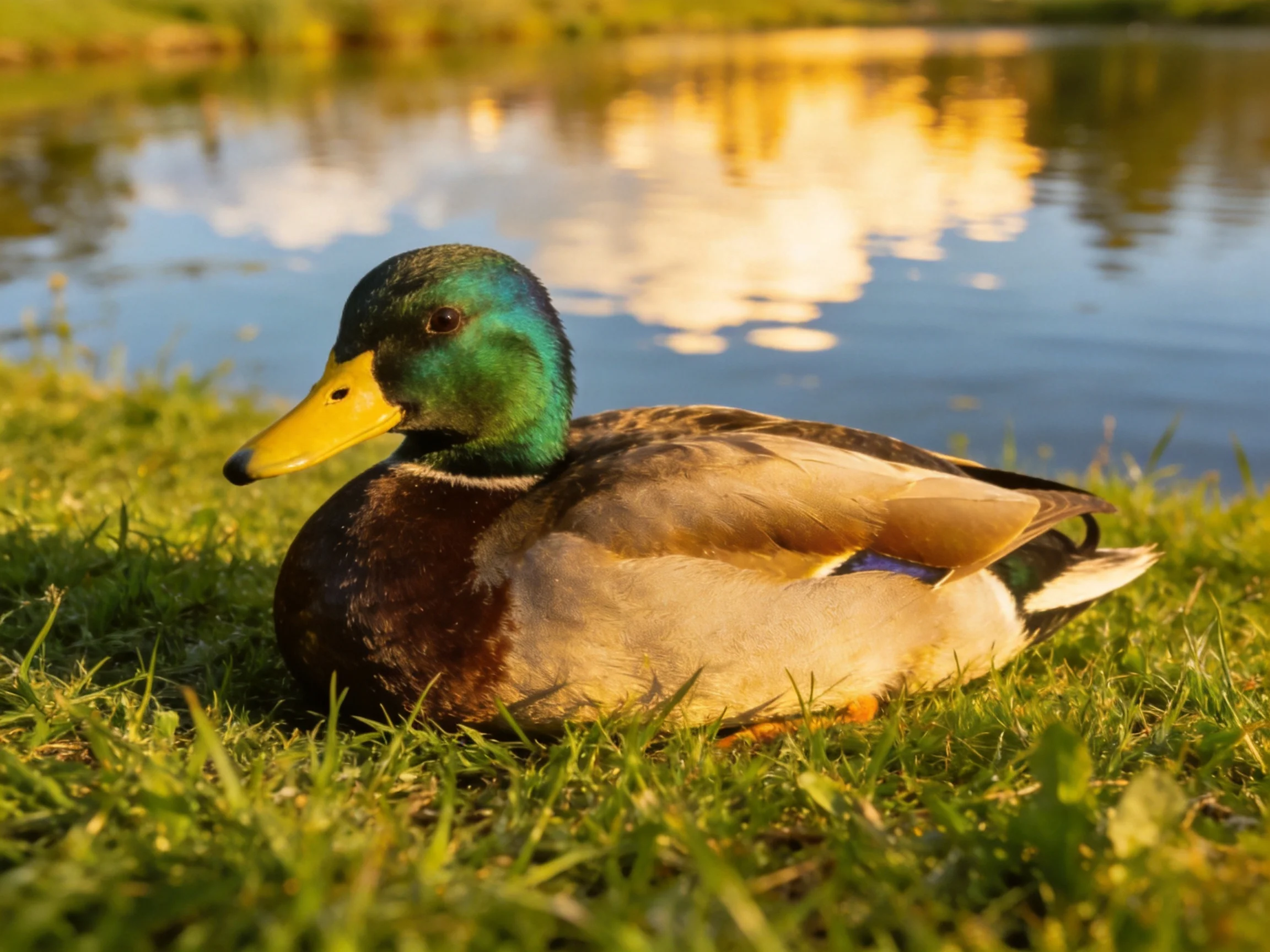 A duck rests on grass near calm water.