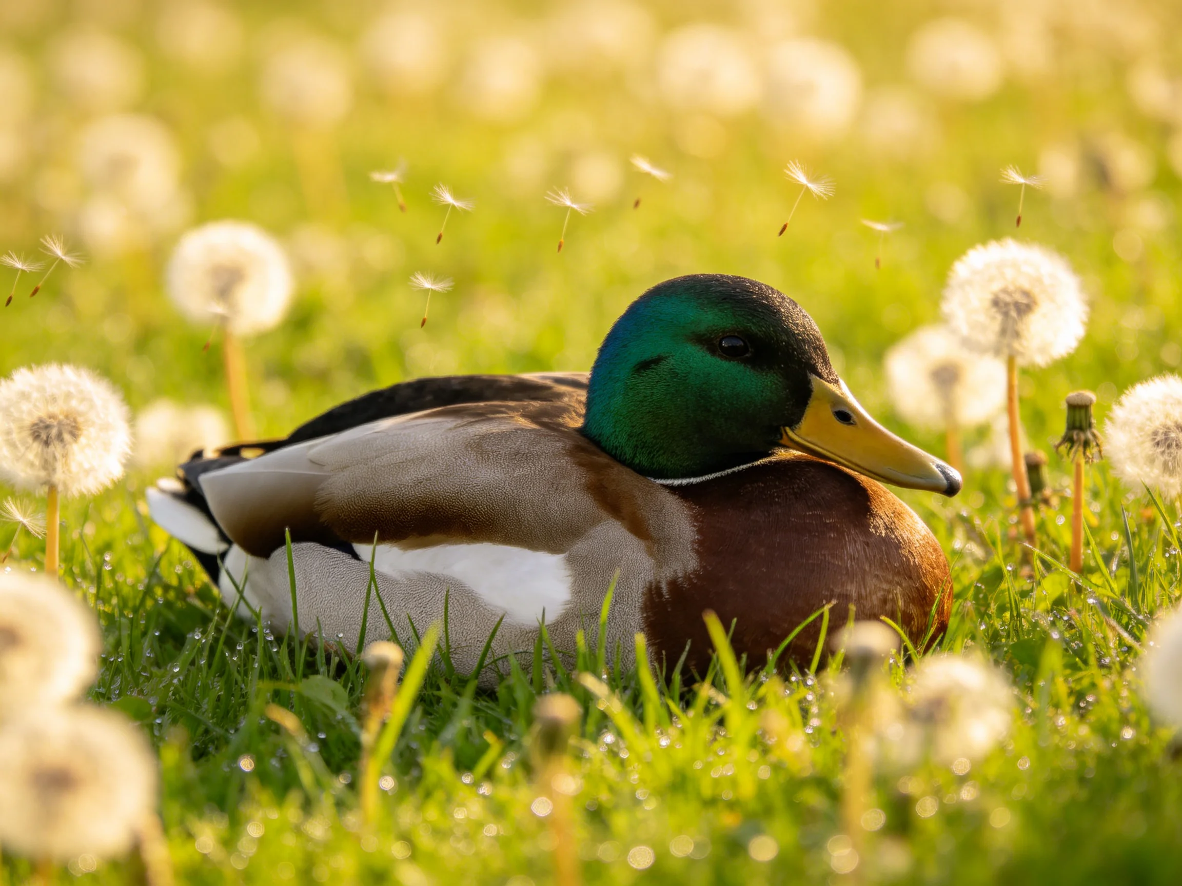 A mallard duck rests among lush green grass and white dandelion blooms