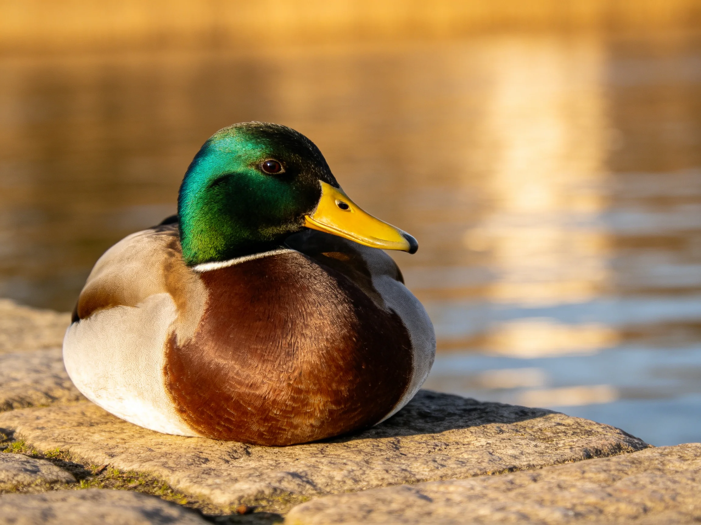 A mallard duck rests on a stone ledge by calm water