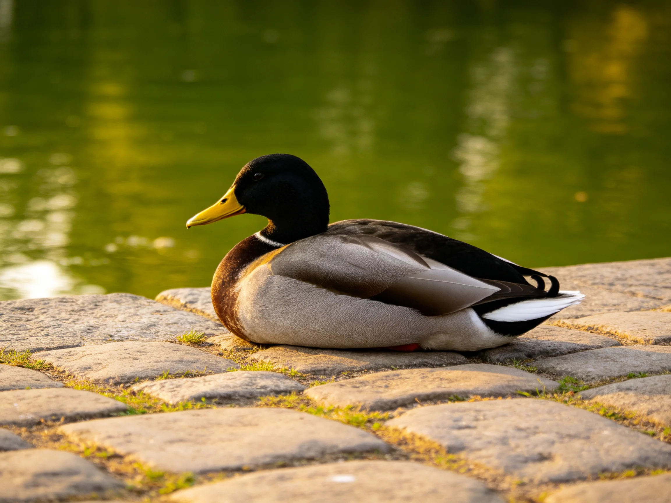A mallard duck rests on cobblestones near calm water