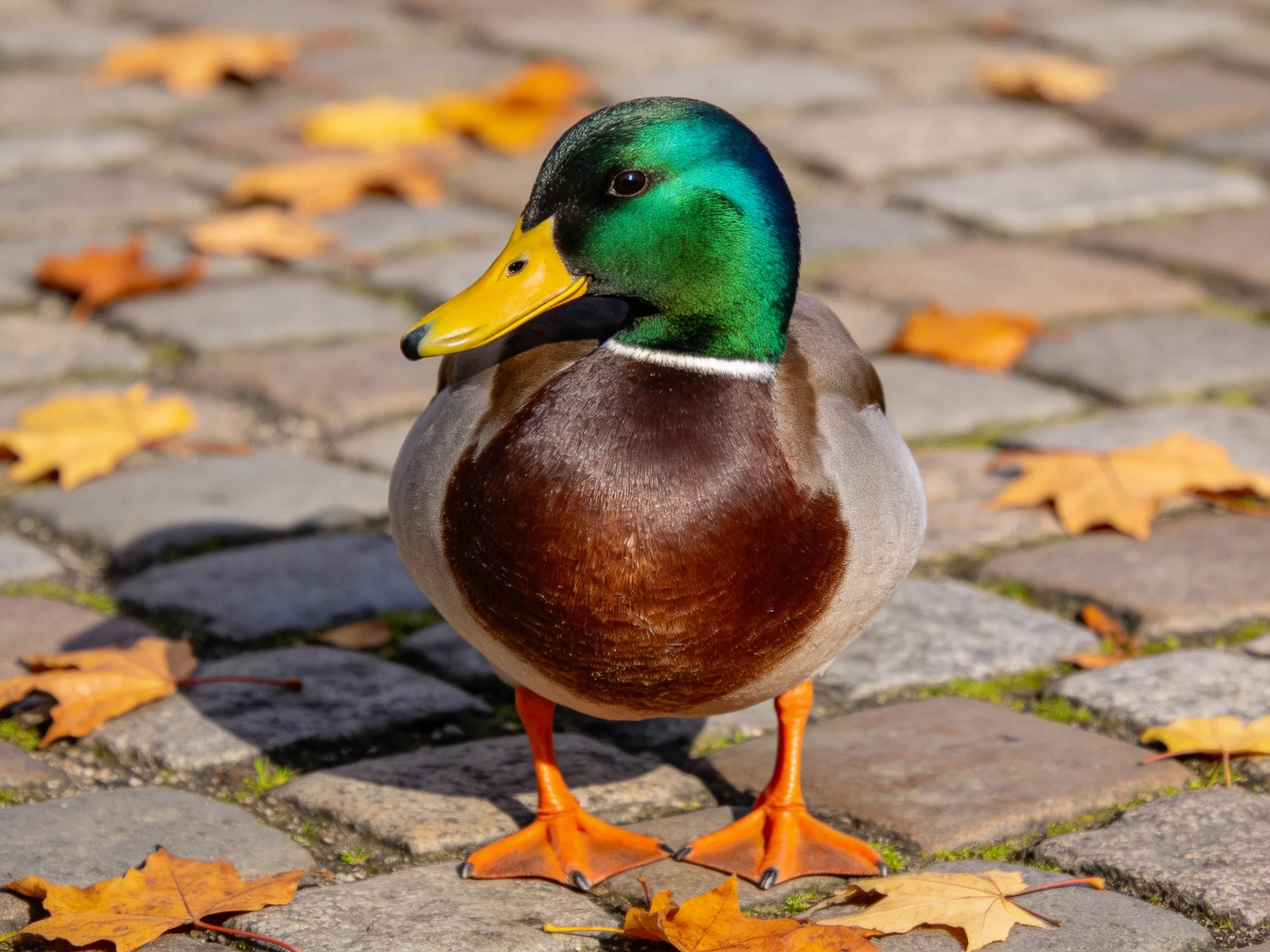 A mallard duck standing on a cobblestone path with scattered autumn leaves