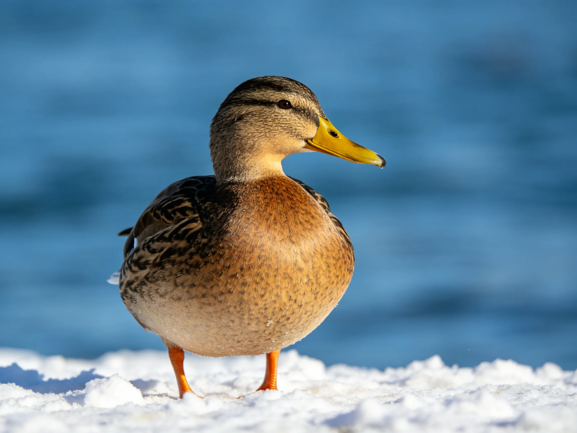 A mallard duck standing on snow near blue water