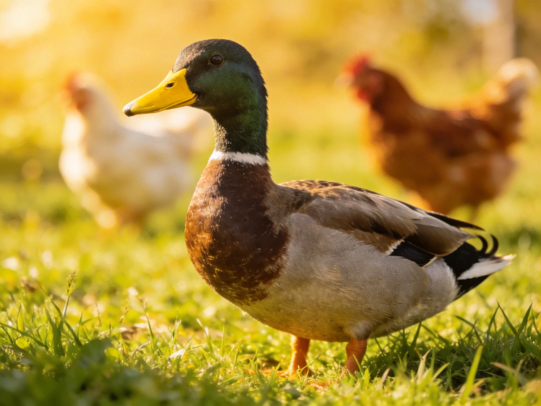 A mallard duck stands among chickens on sunlit green grass