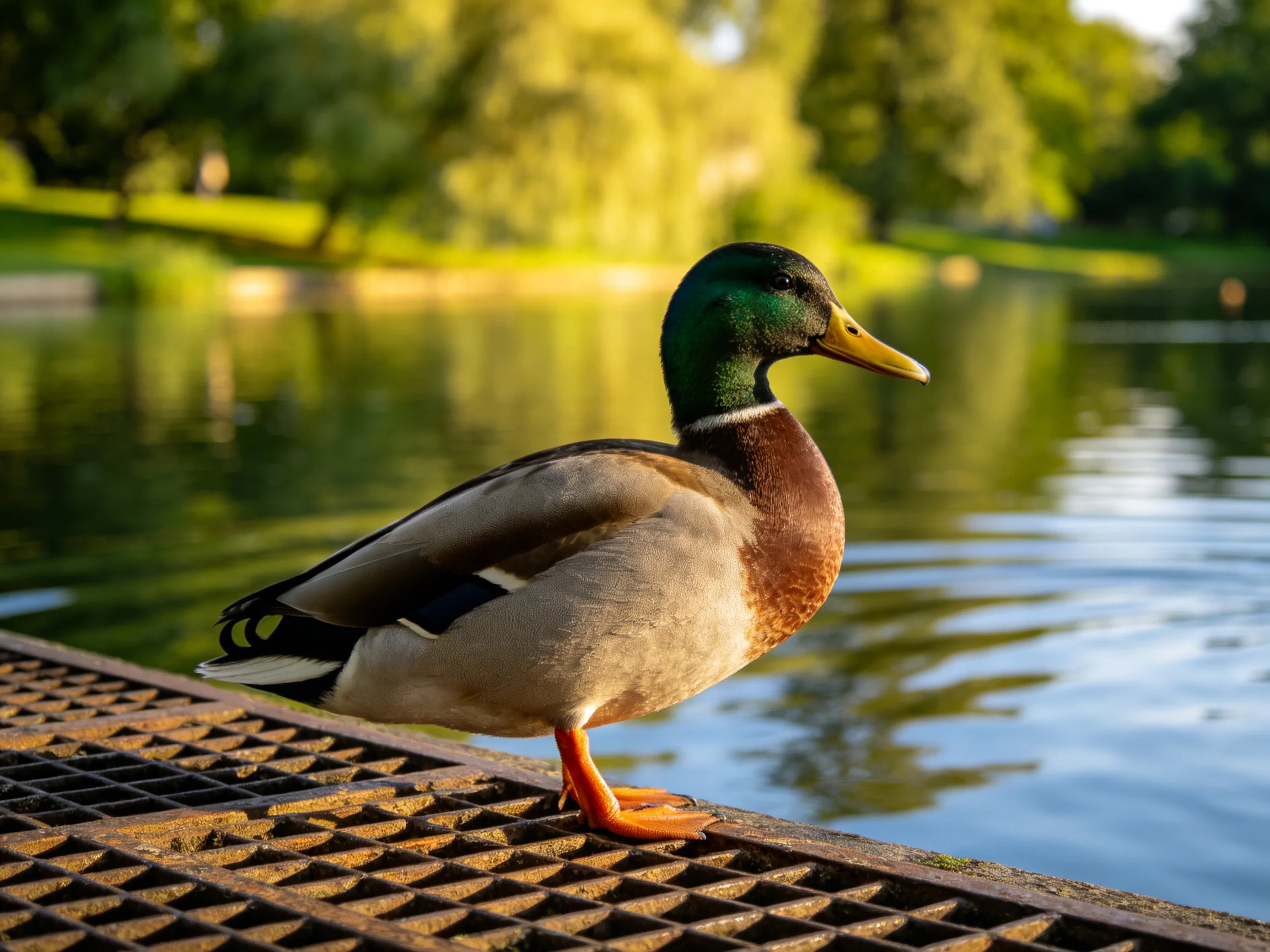 A mallard duck stands on a rusted metal grate by calm water with green trees