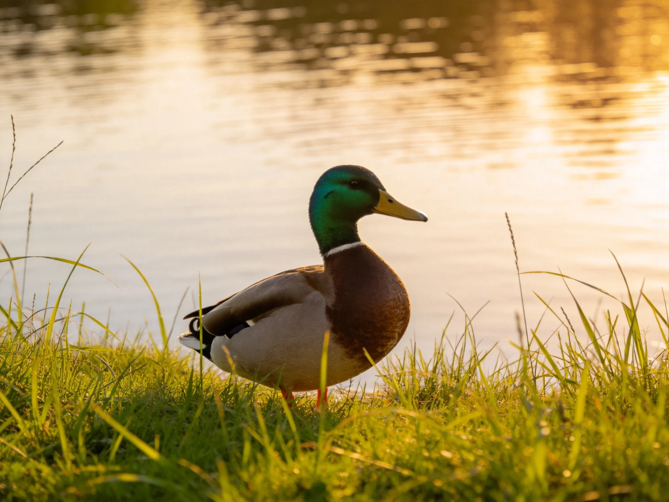 A mallard duck stands on lush green grass by calm water at sunset