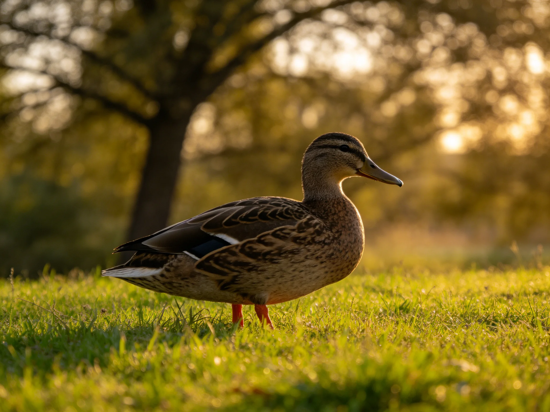 A mallard duck stands on sunlit grass with golden sunset lighting