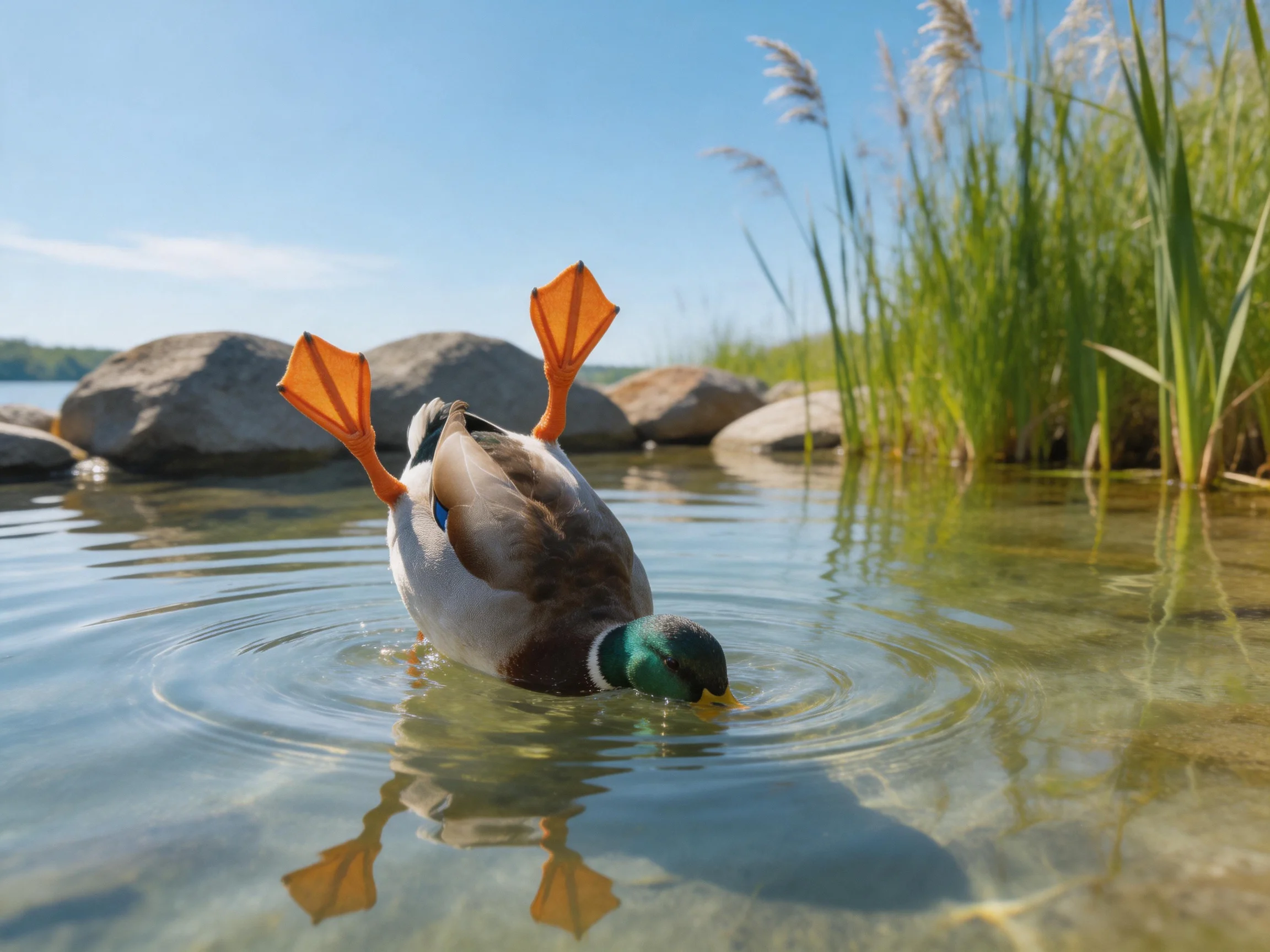 A mallard duck swimming upside down in clear water near rocks and tall green reeds