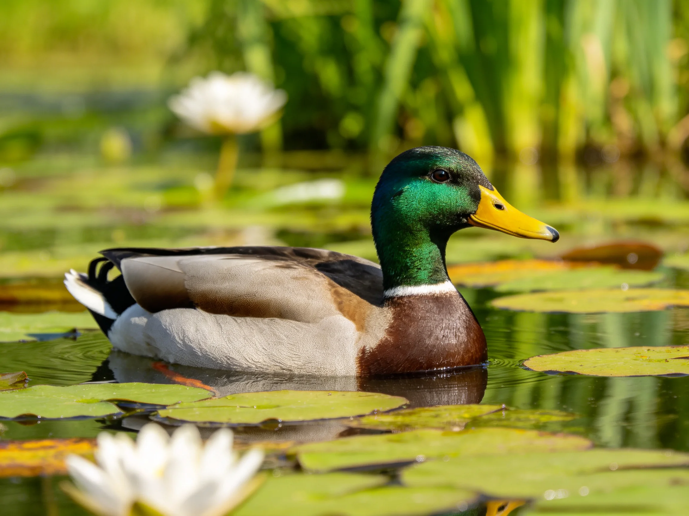 A mallard duck swims among green lily pads and white water lilies