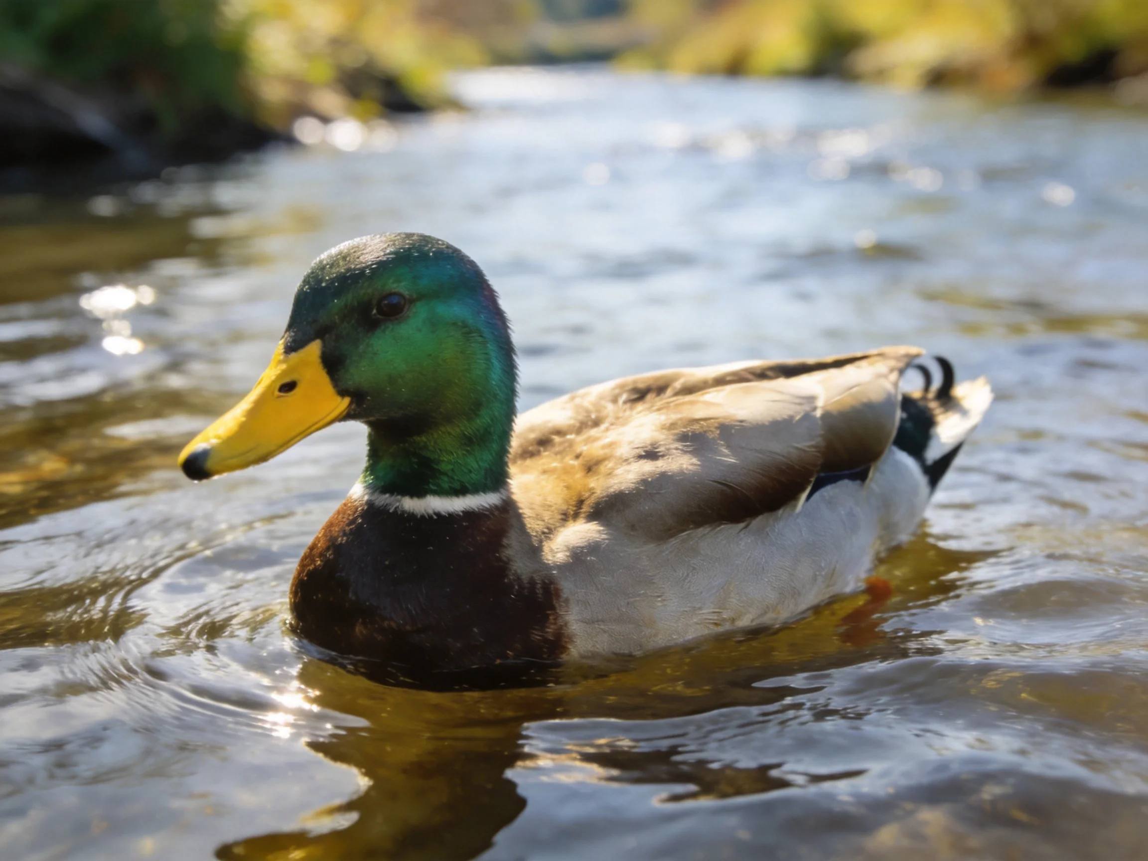 A mallard duck swims gracefully in a sunlit stream