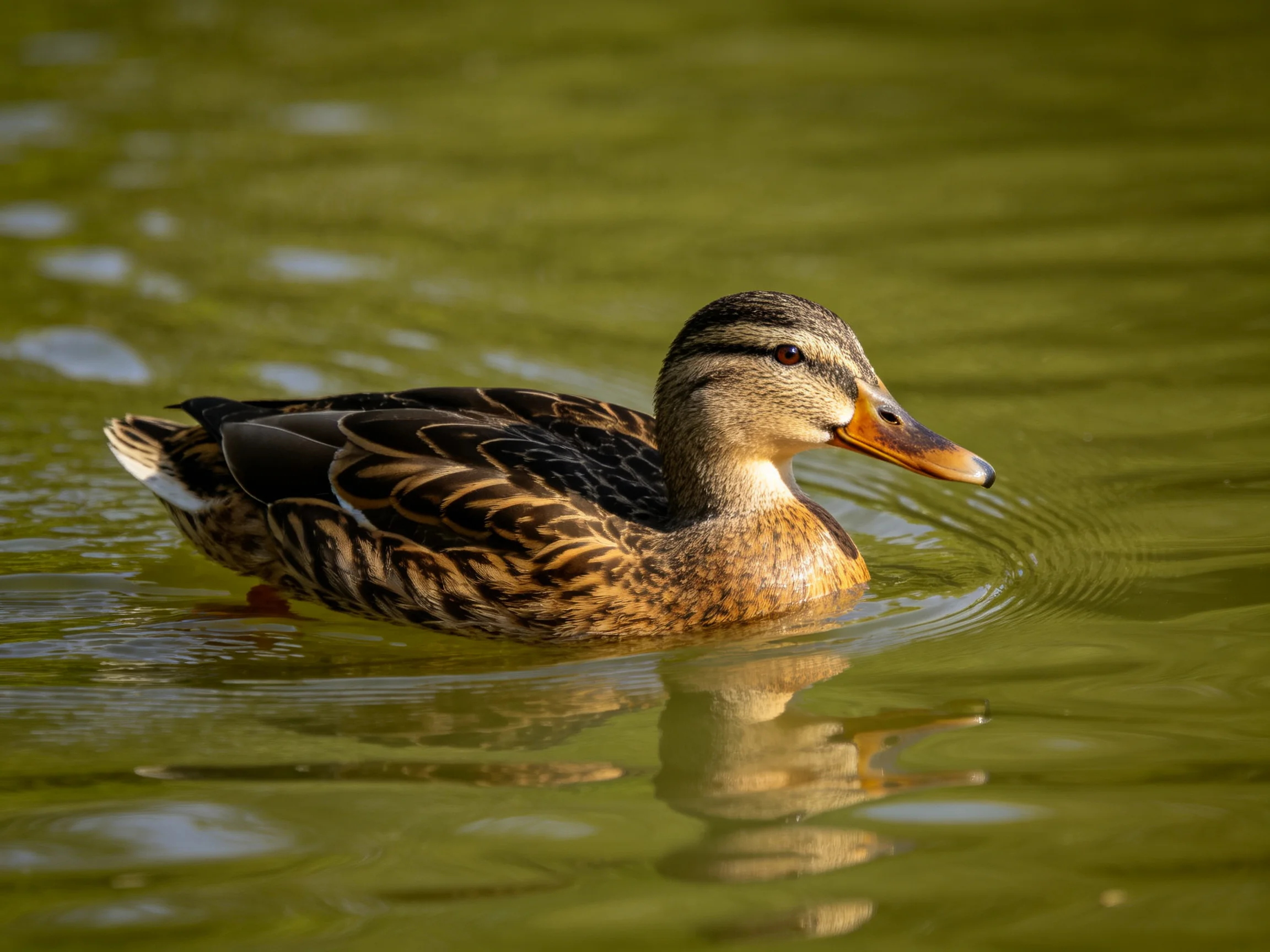 A mallard duck swims gracefully in calm green water