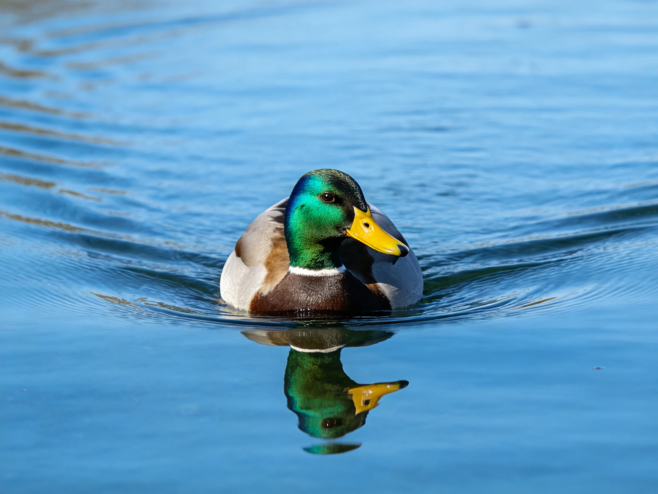 A mallard duck swims gracefully in clear blue water