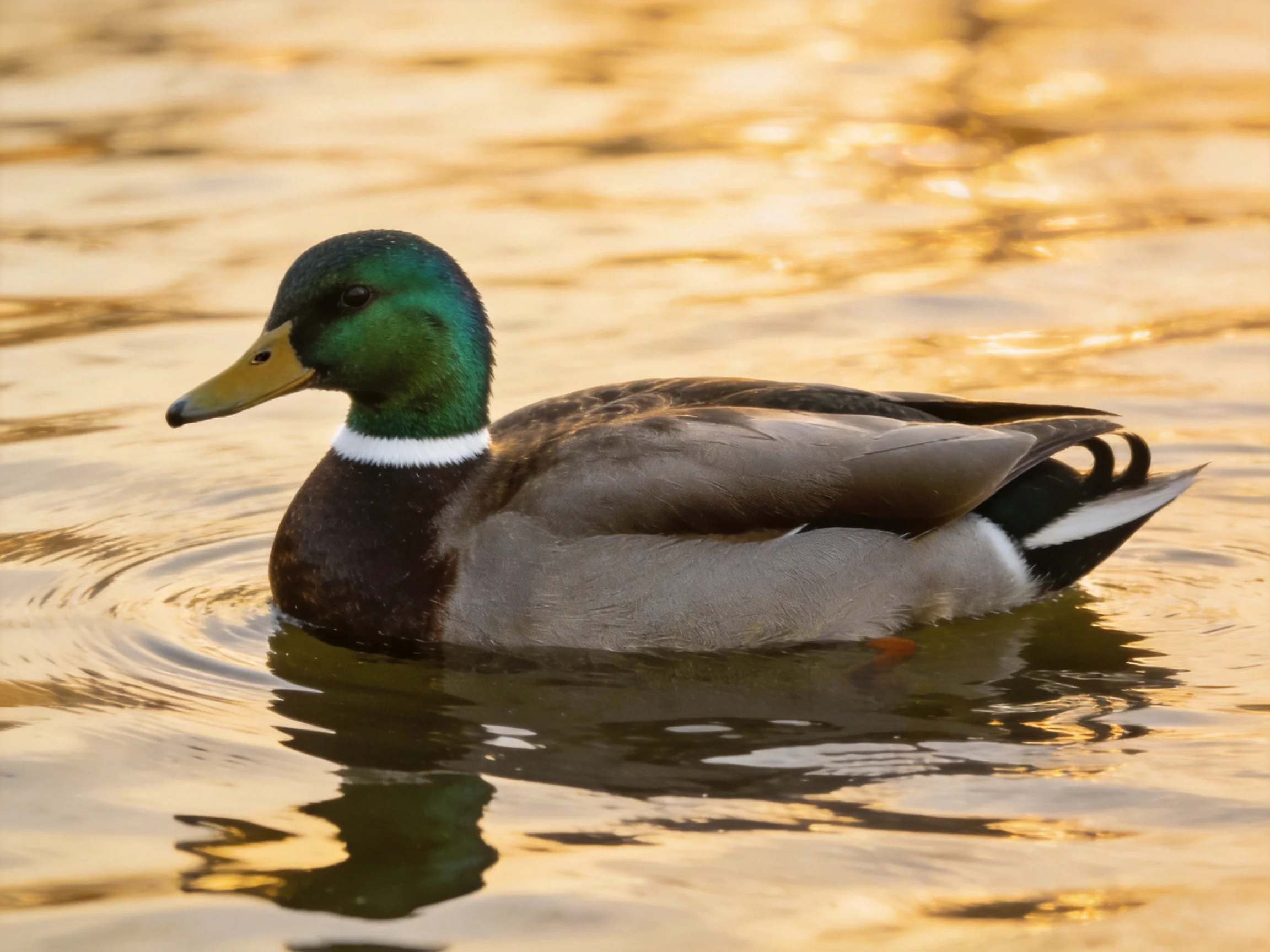 A mallard duck swims gracefully in golden-hued water