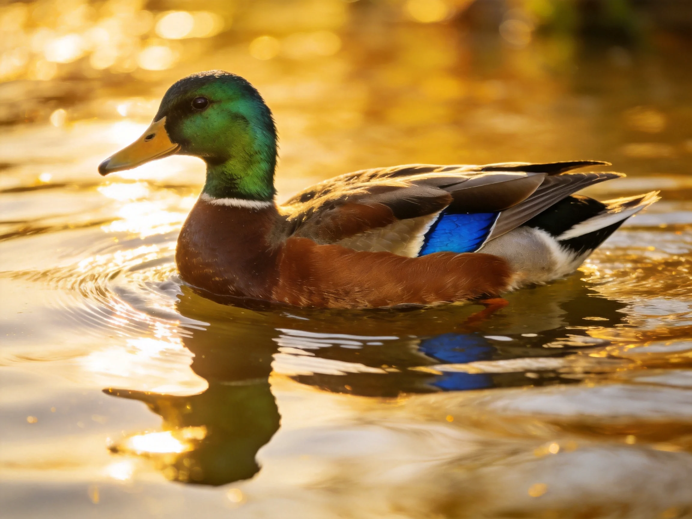 A mallard duck swims gracefully in golden-hued water with vibrant plumage