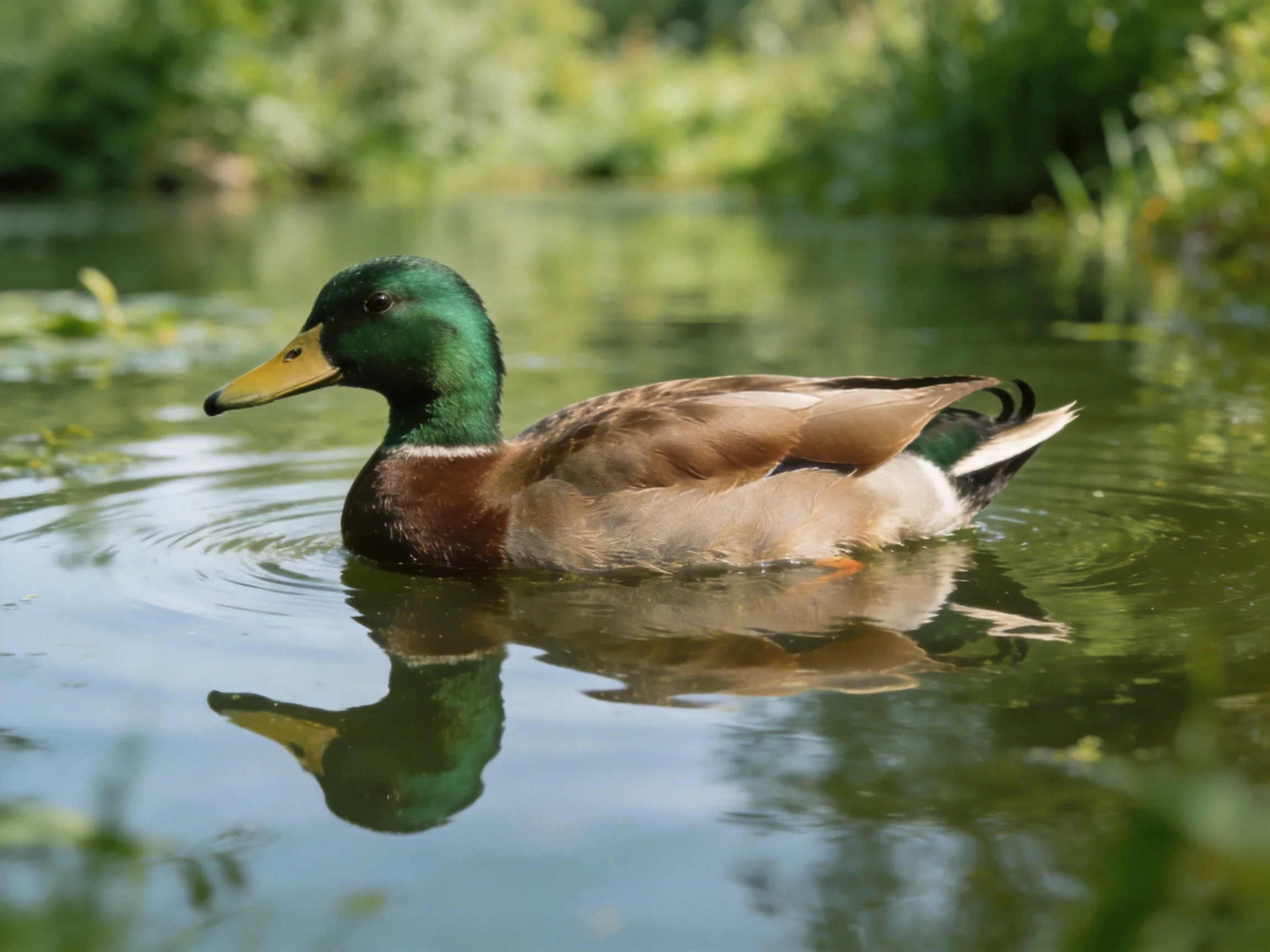 A mallard duck swims in calm, reflective water near lush vegetation