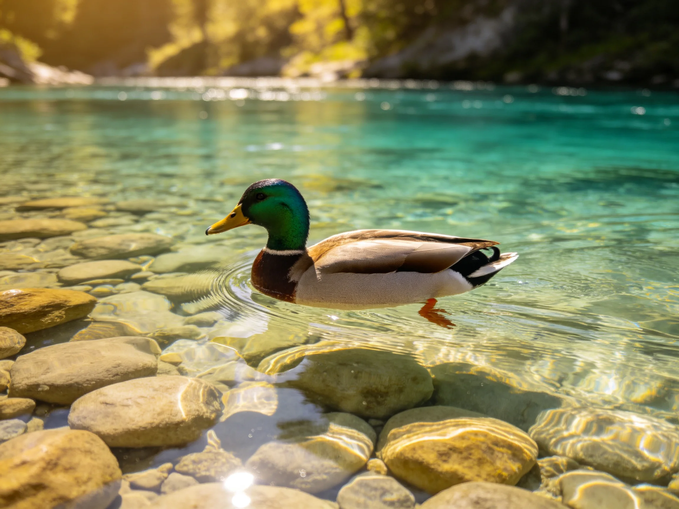 A mallard duck swims in clear turquoise water over smooth river stones