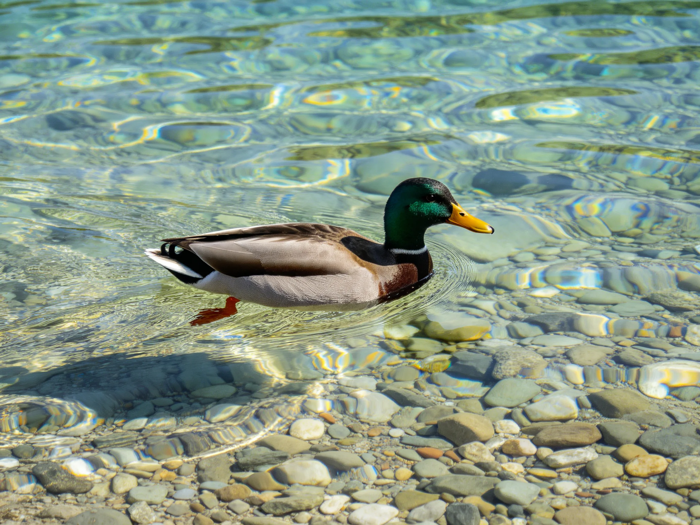 A mallard duck swims in crystal - clear water over smooth pebbles