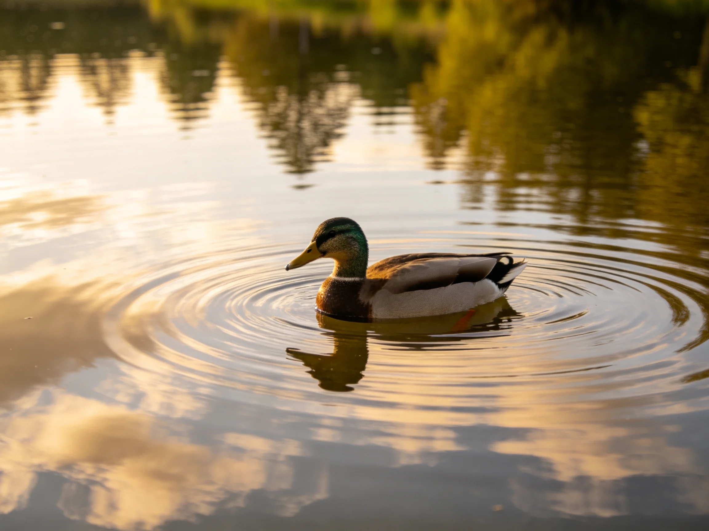 A mallard duck swims in rippling water with golden natural reflections