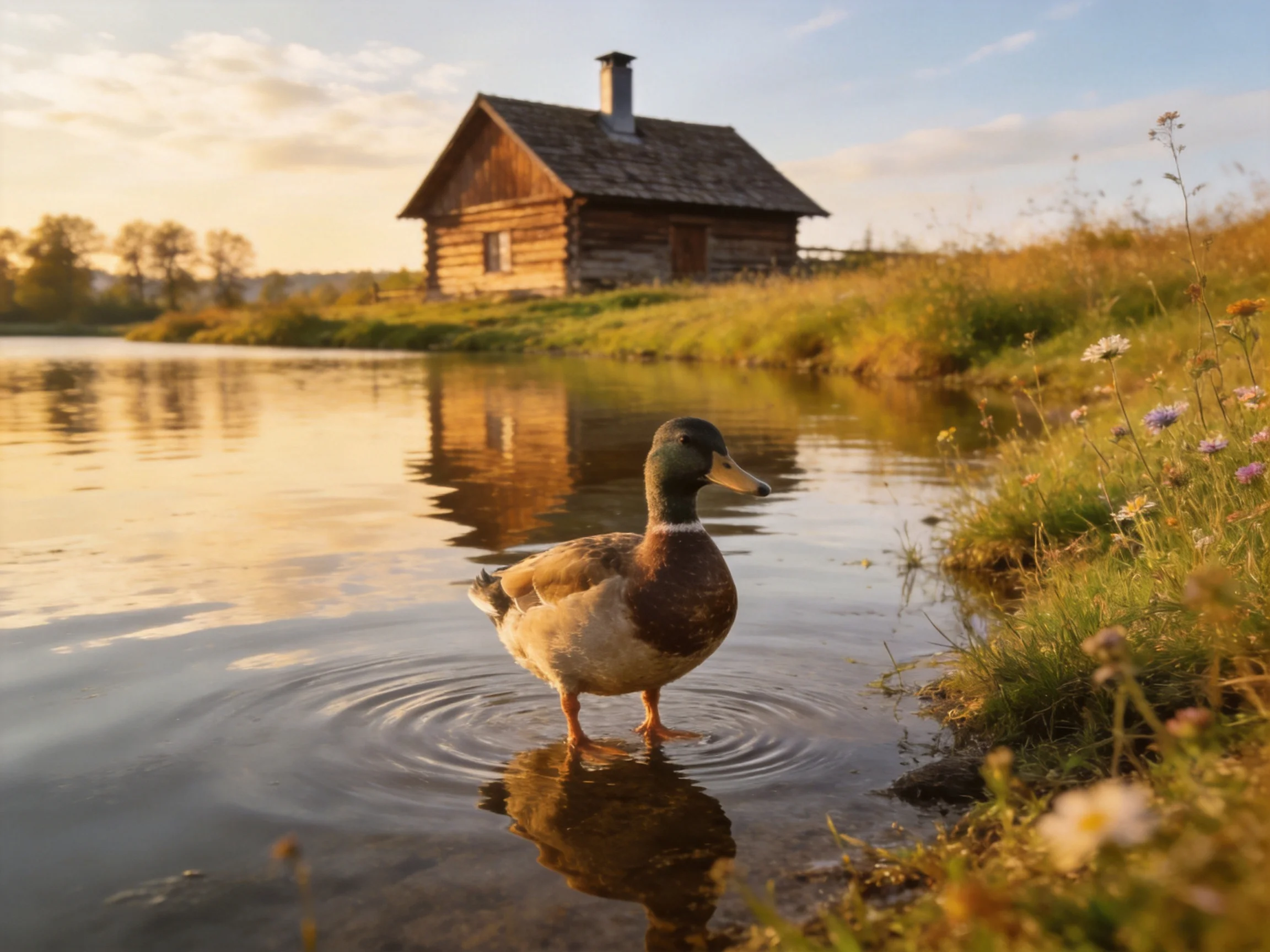 A mallard duck wades in calm waters near a weathered log cabin