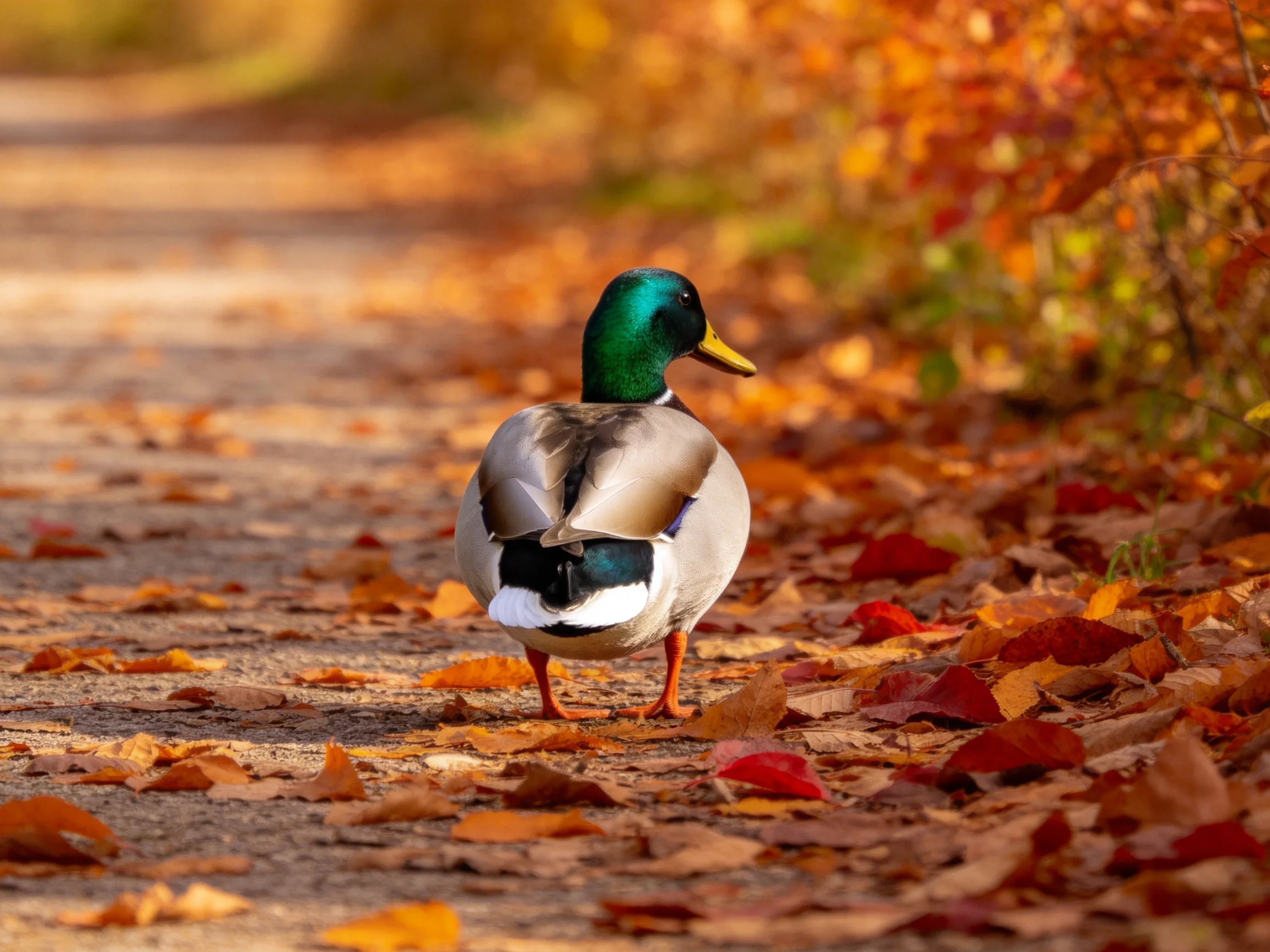 A mallard duck walks on a leaf-laden autumn path with warm-hued foliage