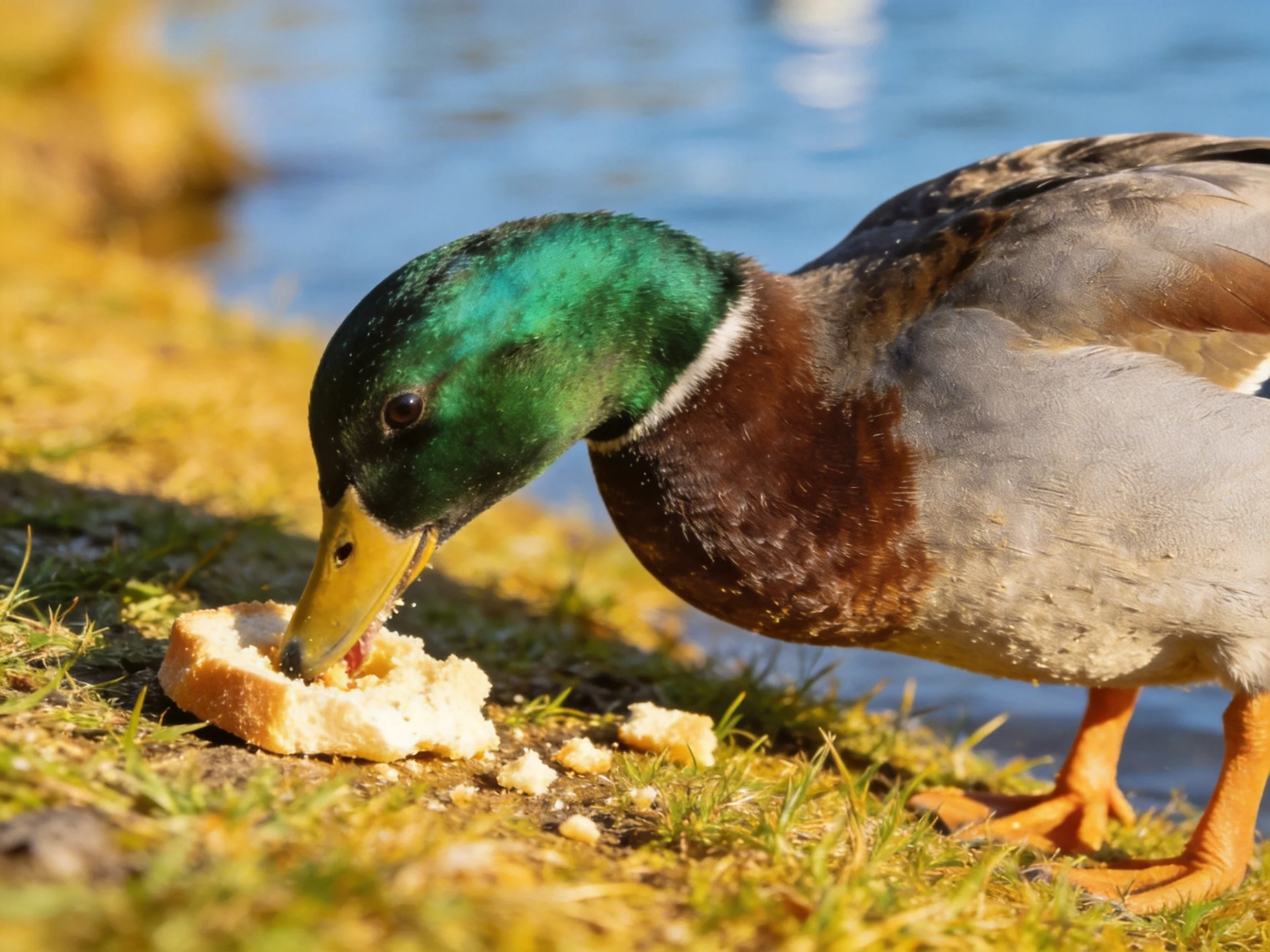 A mallard duck with a green head eats bread near a body of water.