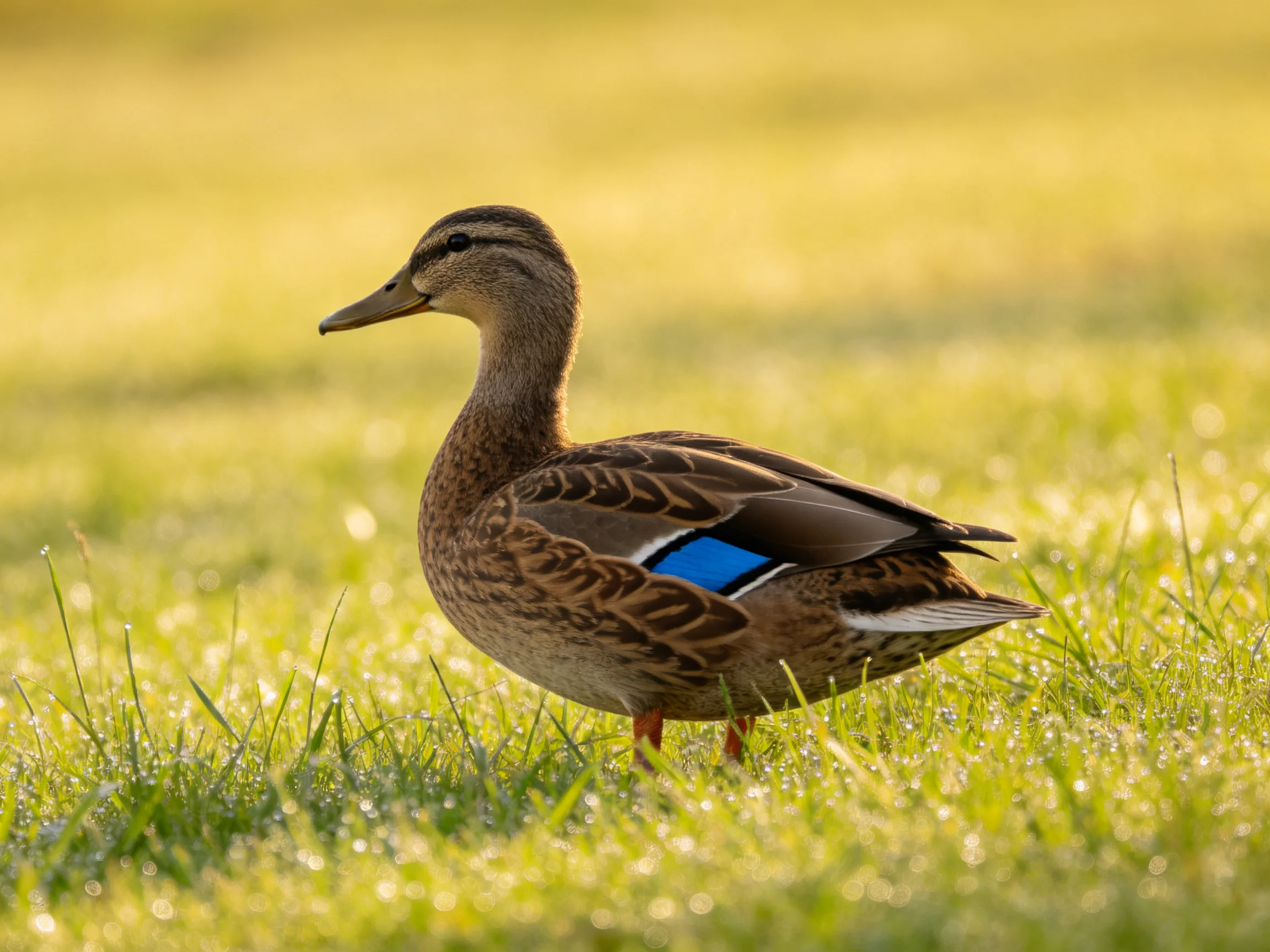 A mallard duck with blue wing patch standing on dewy grass