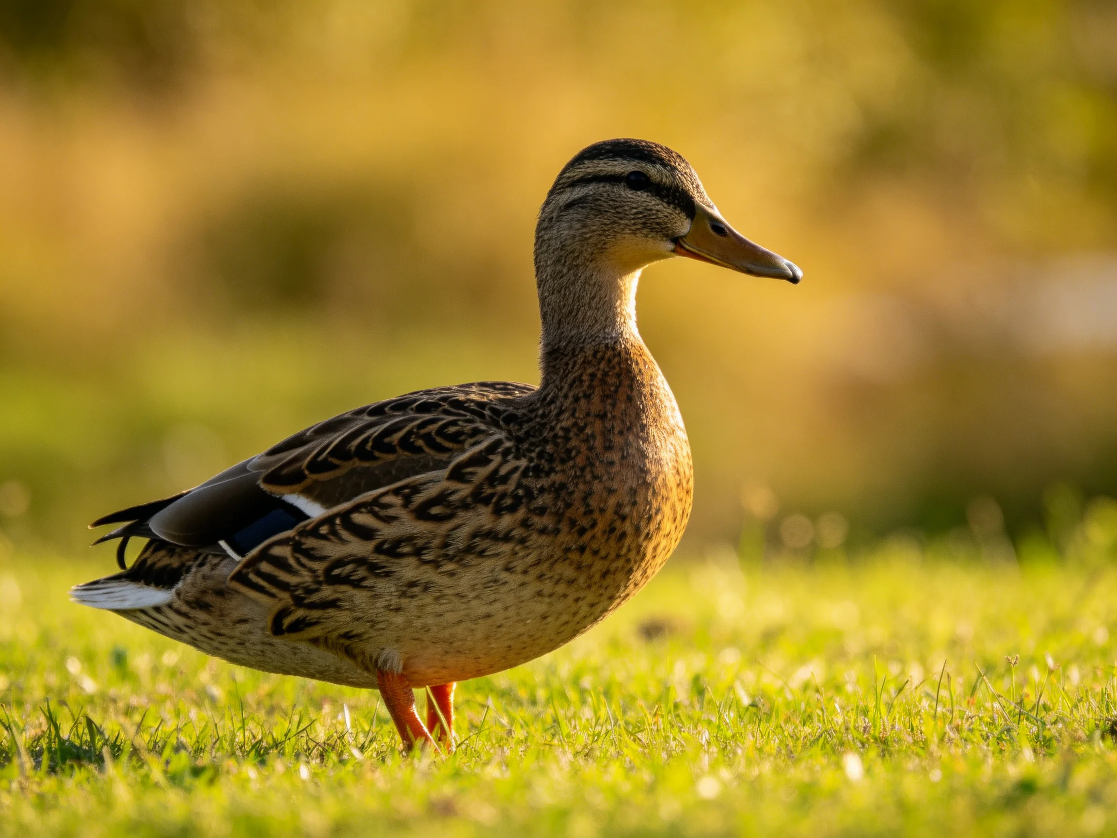A mallard duck with brown and black plumage stands on green grass under golden light