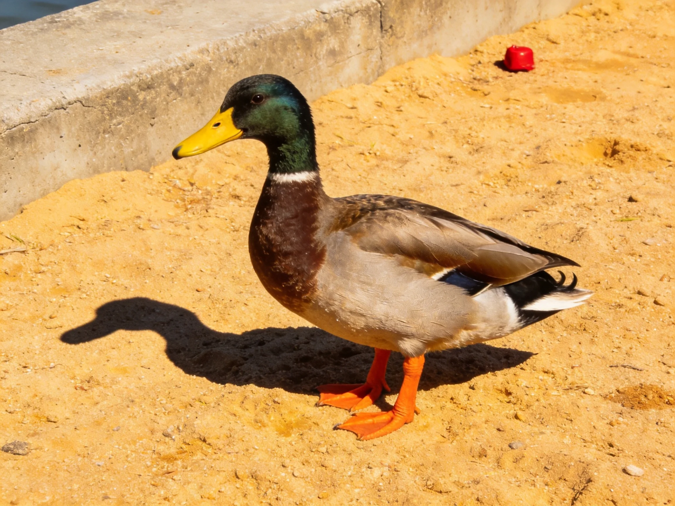 A mallard duck with green head and yellow beak stands on sandy ground near concrete