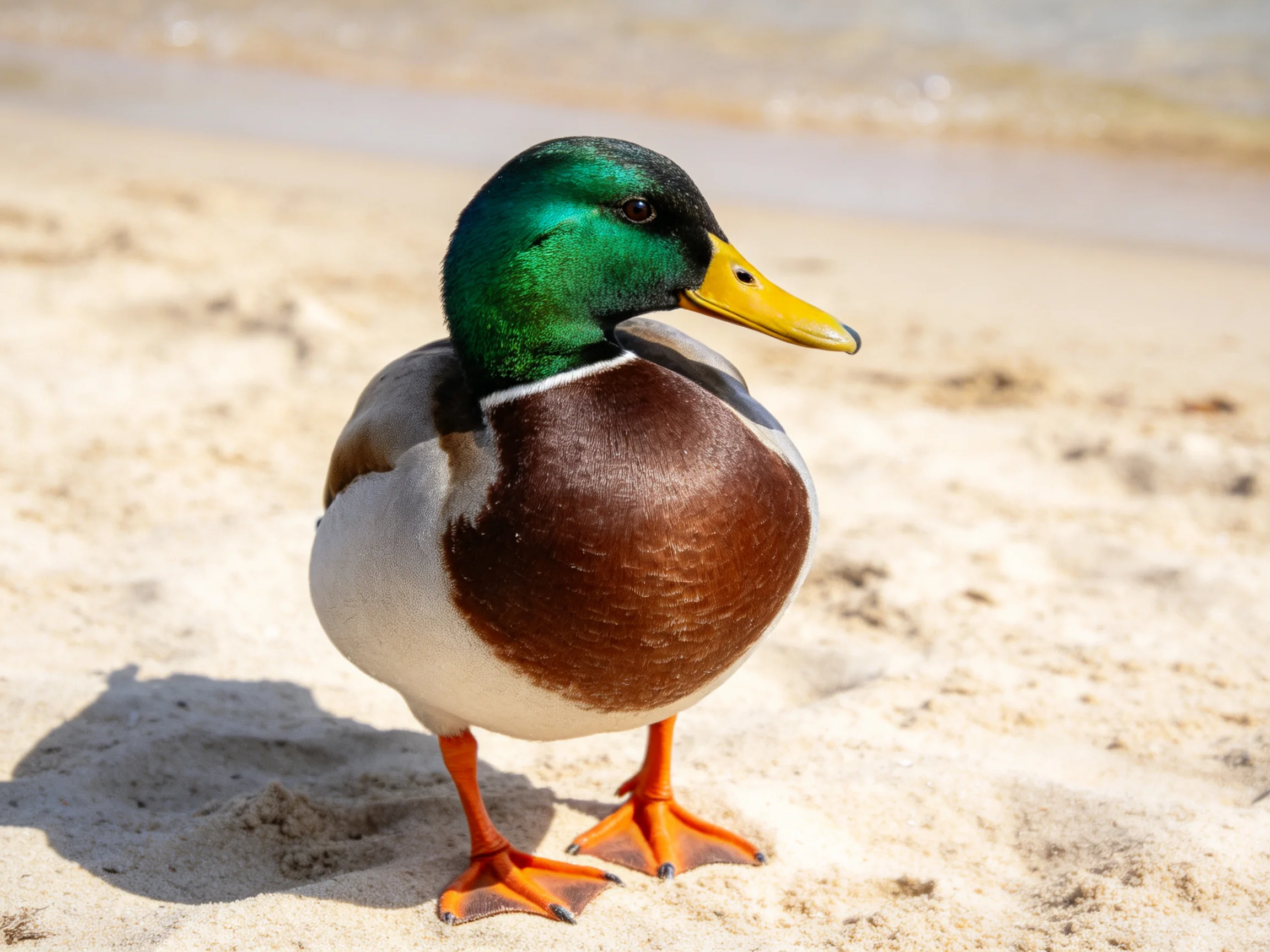 A mallard duck with green head, brown chest, orange feet on sandy beach