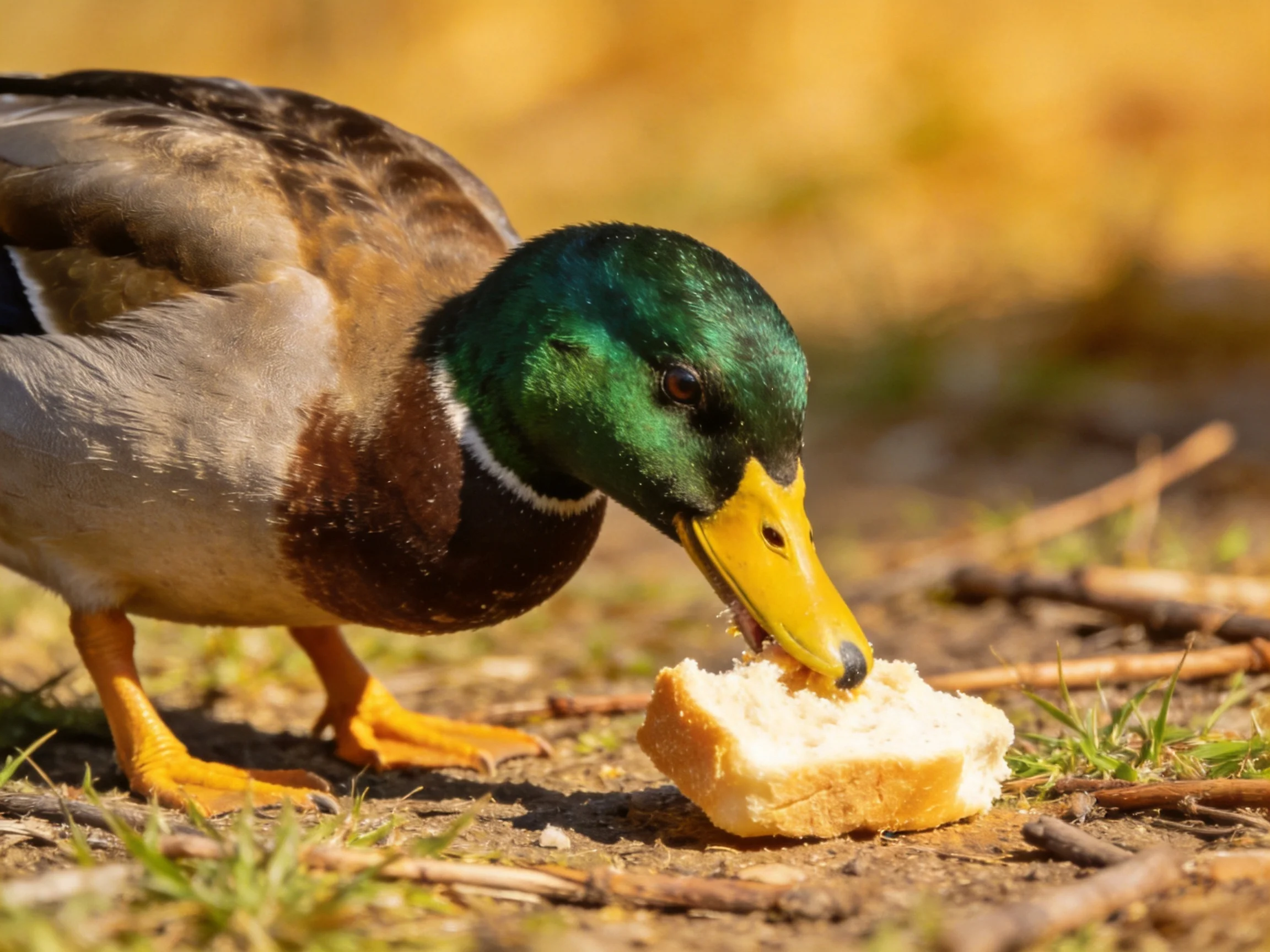 A mallard duck with green head eating bread on dirt ground