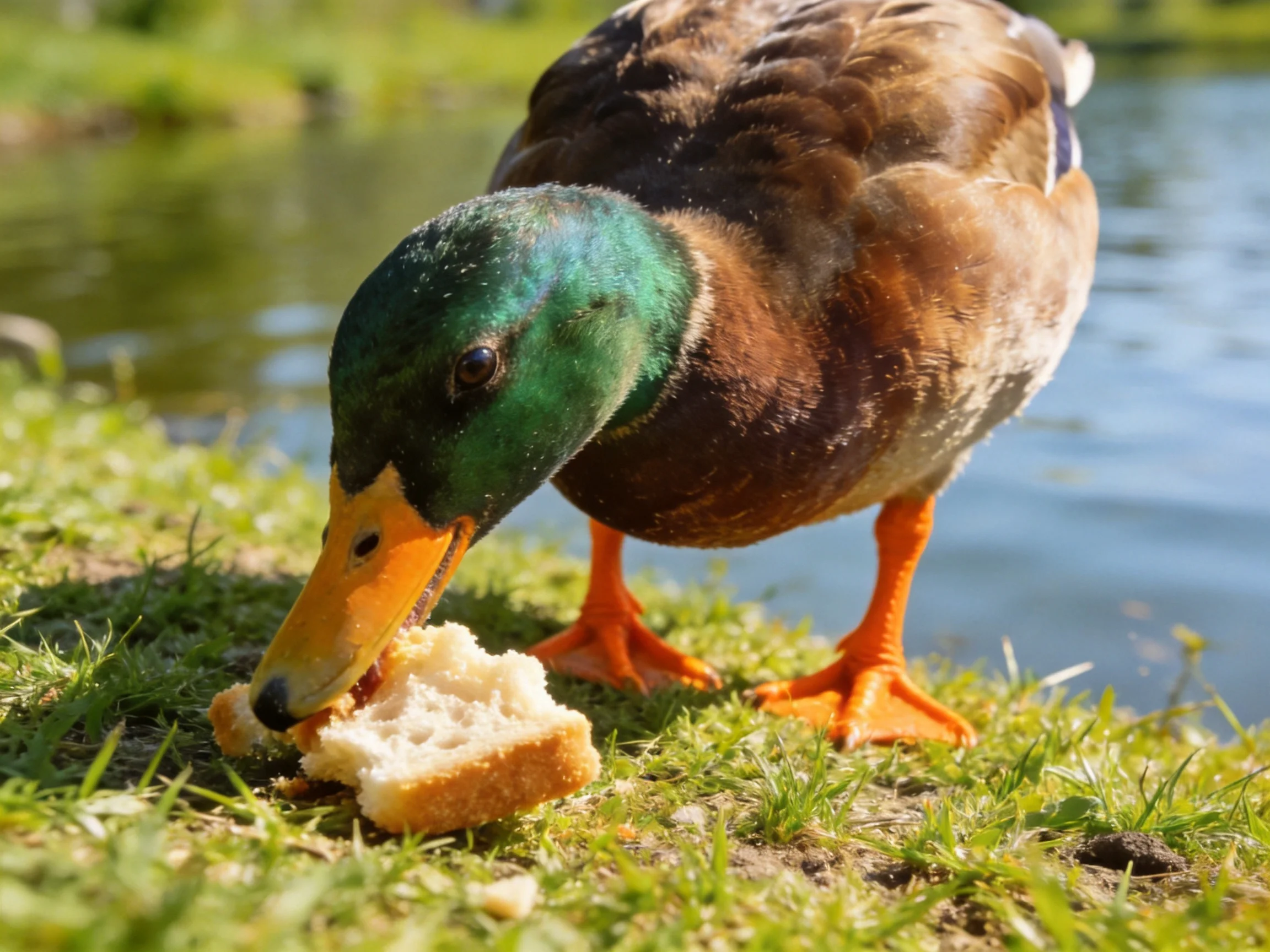 A mallard duck with green head eats bread on a grassy lakeside