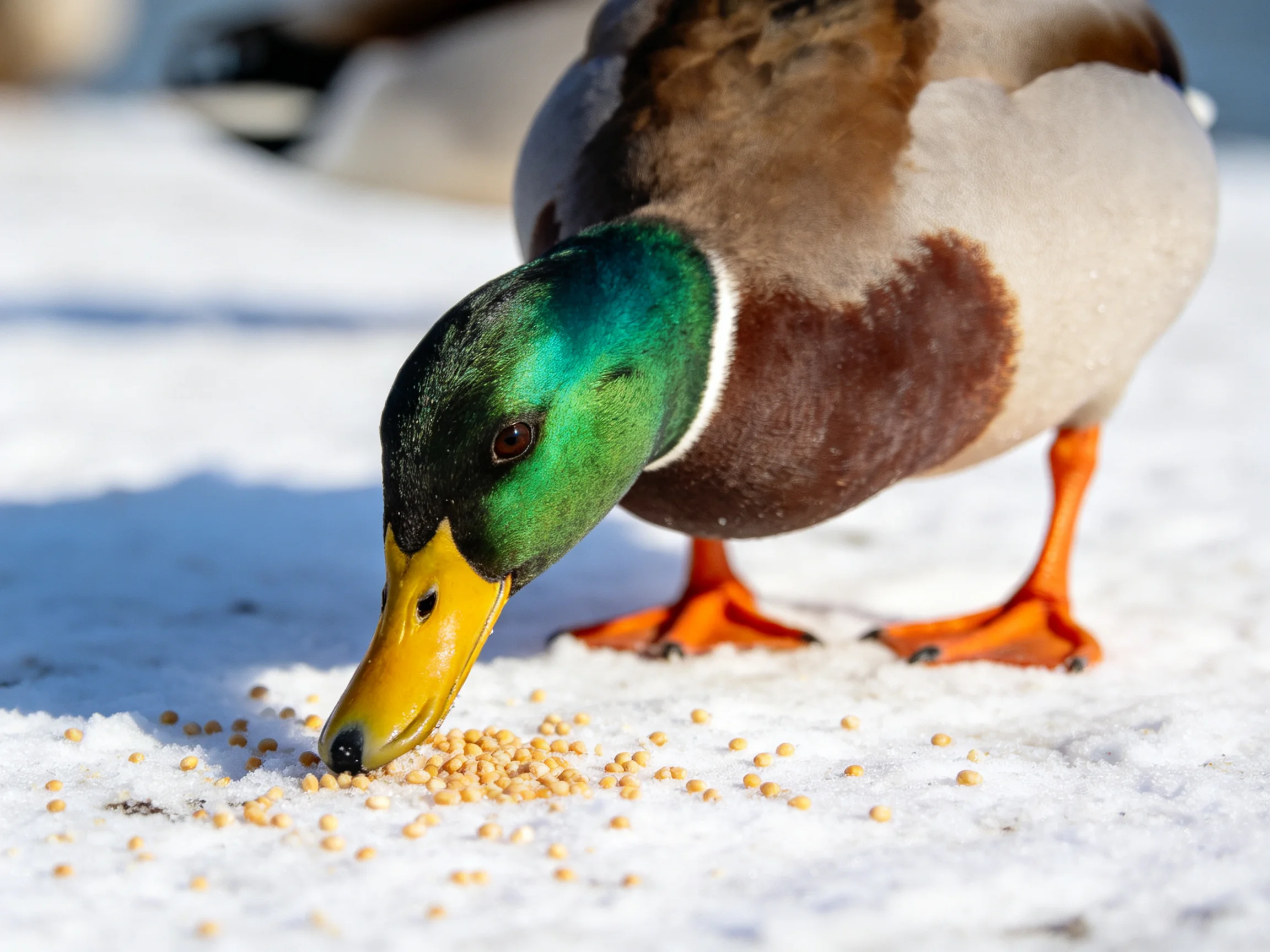 A mallard duck with green head eats seeds on snowy ground