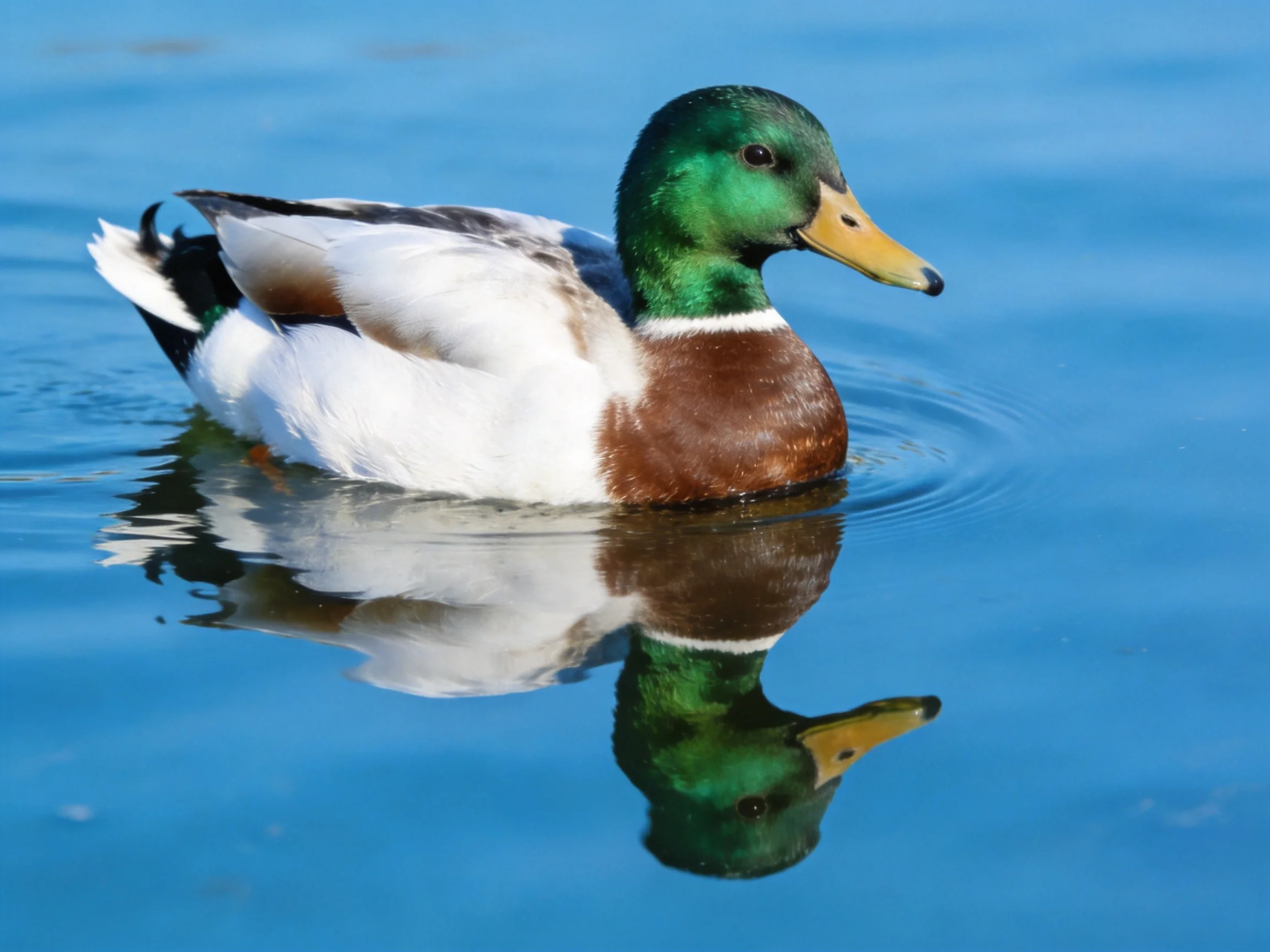 A mallard duck with green head swims in calm blue water