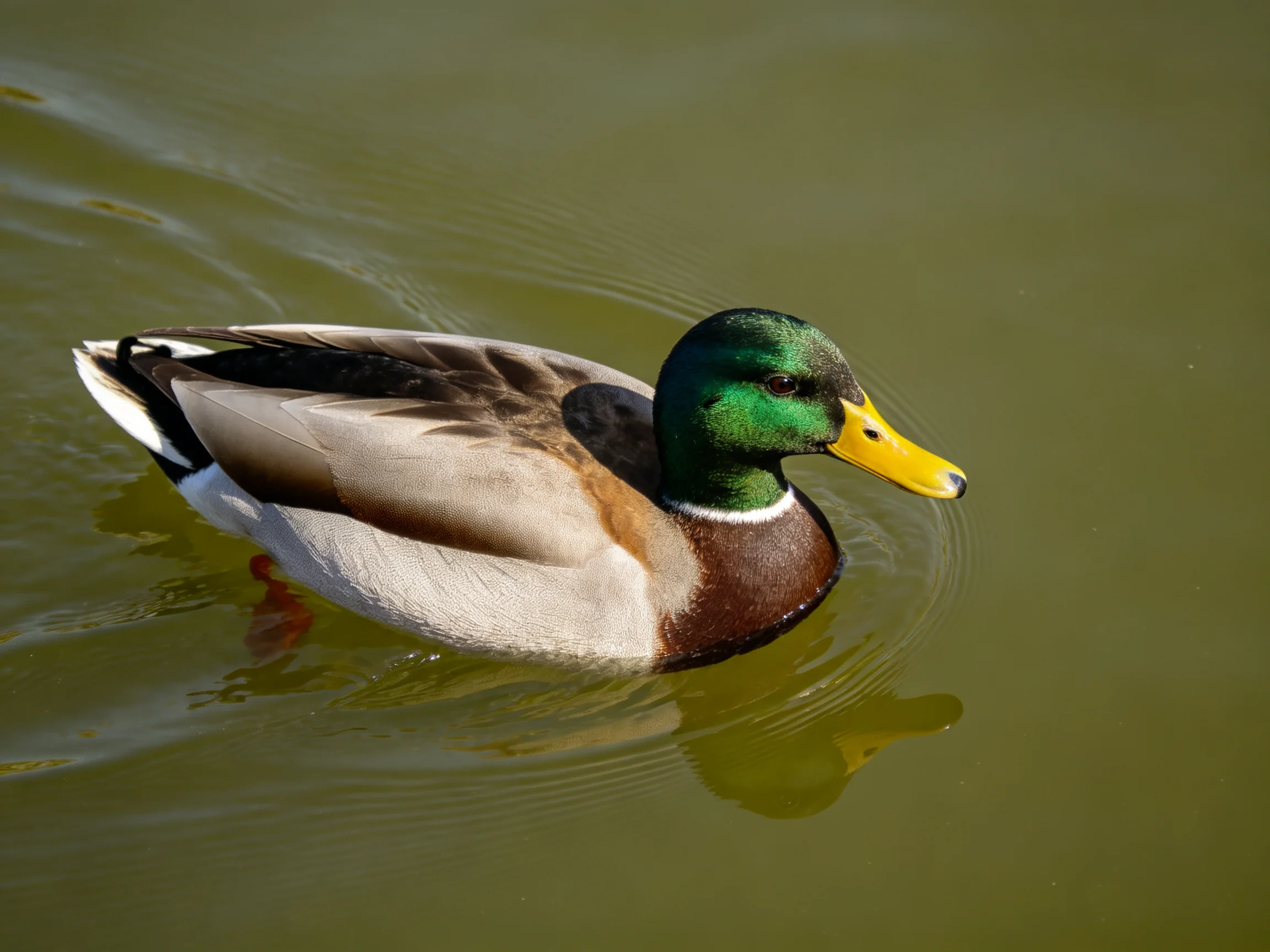 A mallard duck with green head swims in calm greenish water