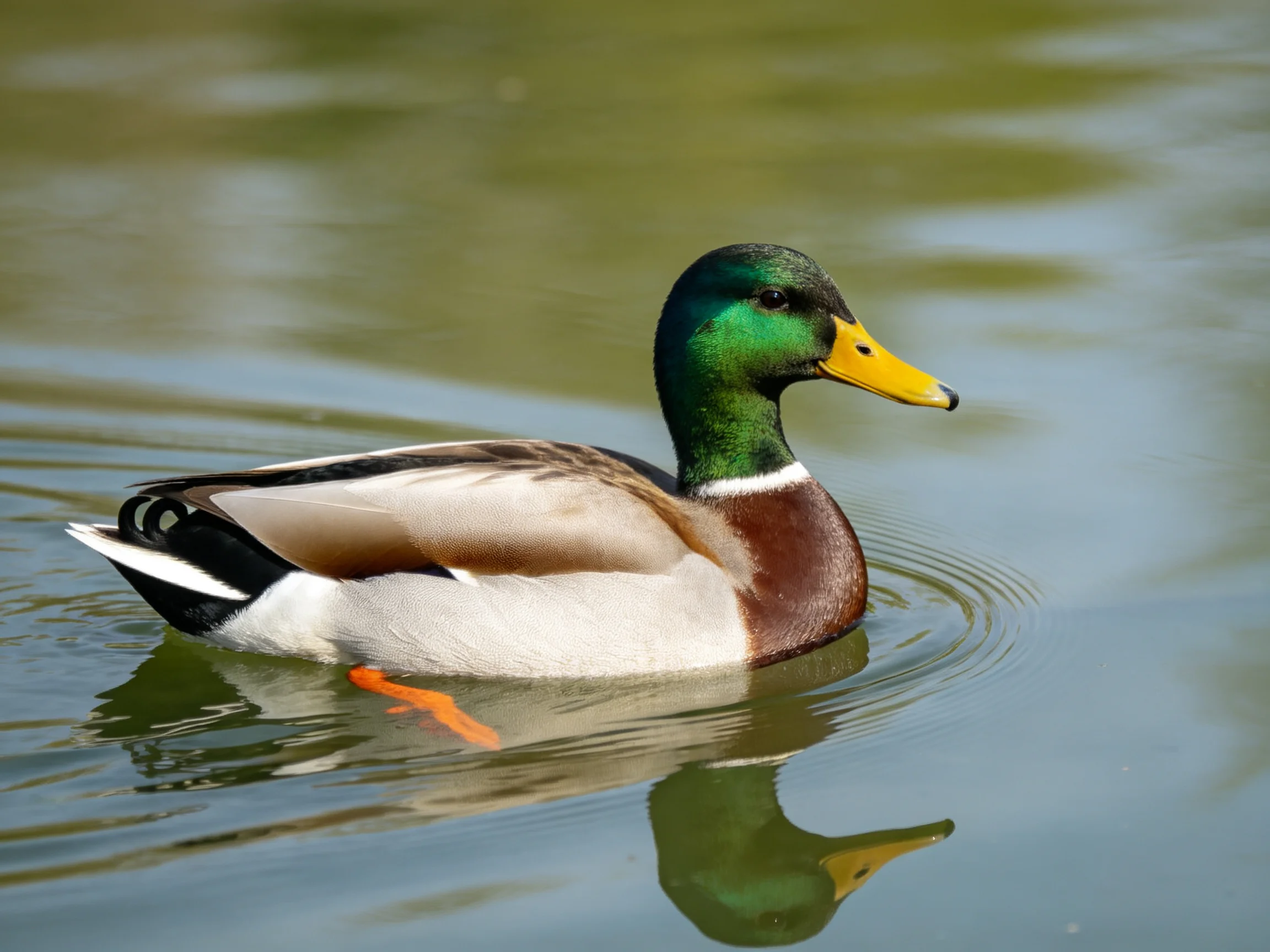 A mallard duck with green head swims in calm water