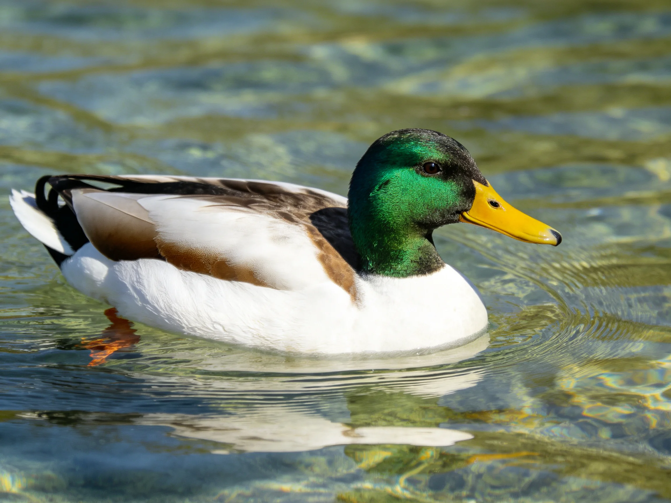 A mallard duck with green head swims in clear, rippling water